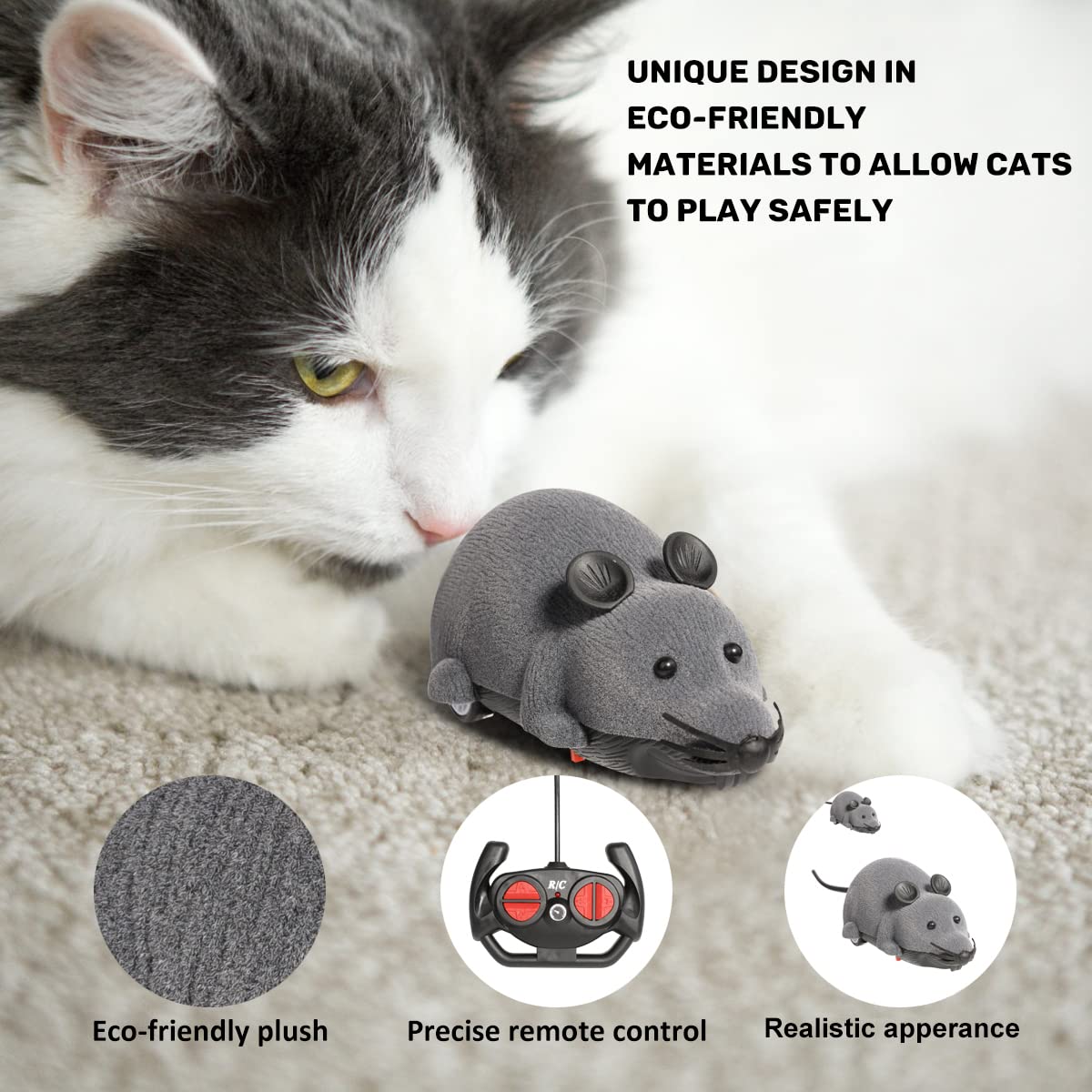 Interactive Wireless RC Mouse Cat Toy - niCWhite Electronic Moving Rat Pet Toy for Chase & Exercise, Great for Indoor Play & Stimulation (Grey)