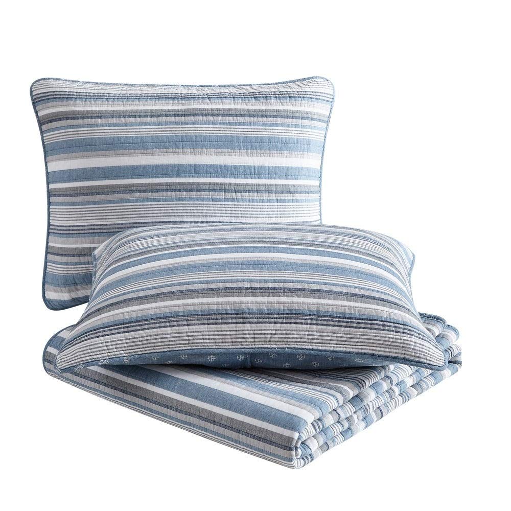 2 Piece Modern Striped Cotton Quilt Twin Size Set - Nautical Reversible Bedding in Blue & Grey - Ultra Soft Comfy Quilt for Coastal, Cabin & Lodge Decor - Perfect for Guest Rooms, Beach Houses & Cozy Bedrooms