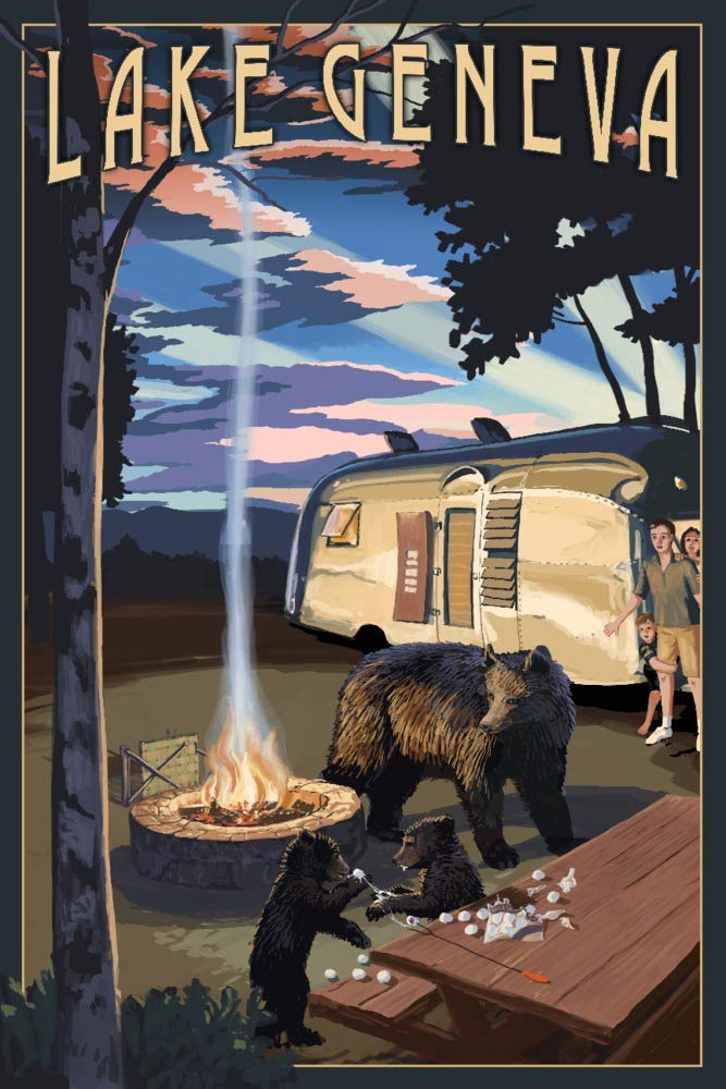 Lake Geneva Wisconsin Bear Family at Campsite 96415 - 24x36 Signed Art Print - Wall Decor Poster for Living Room, Bedroom & Office