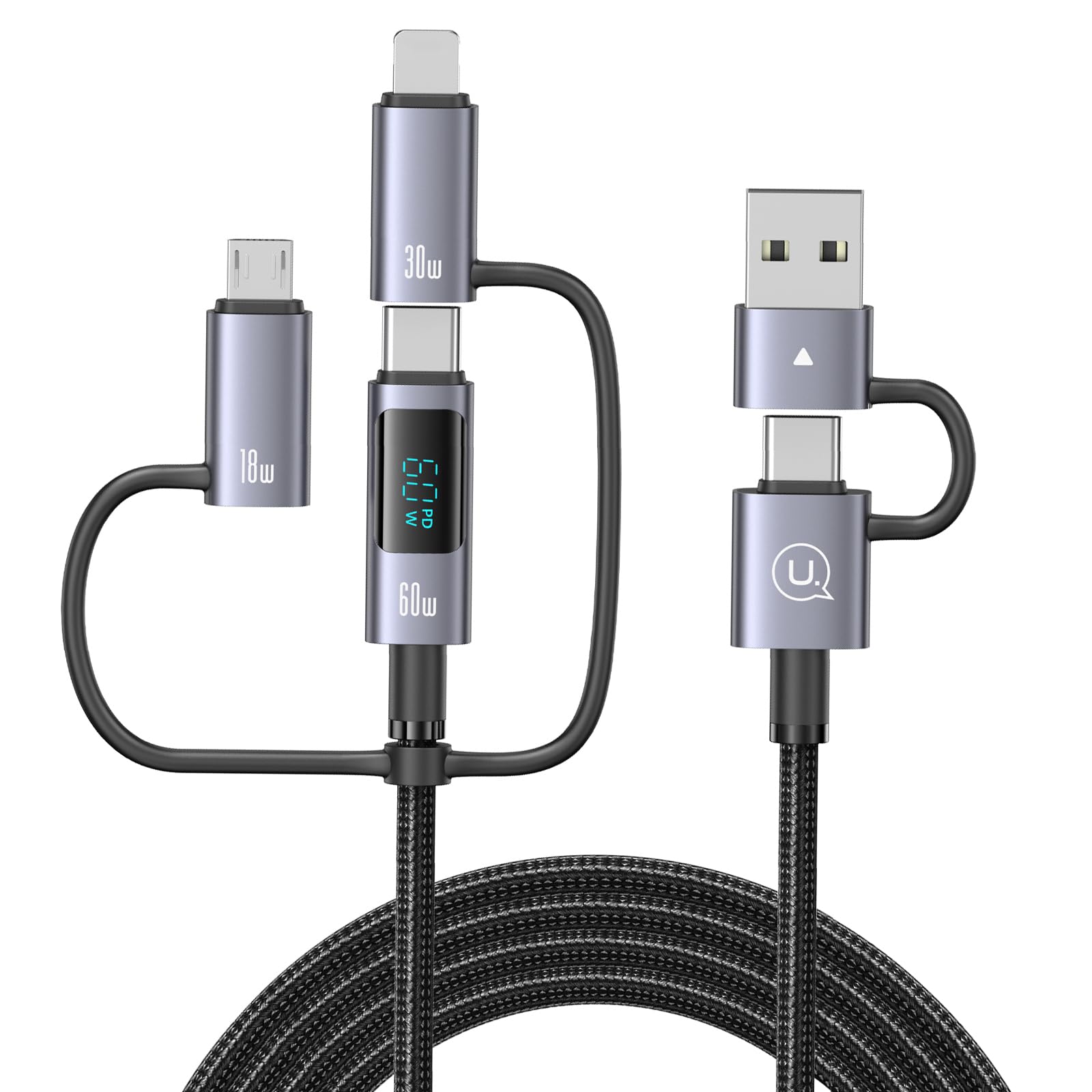 6-in-1 Multi Charger Cable with LED Display - 60W PD Fast Charging USB C Cable (4ft) - Compatible with iPhone, Android, Laptops & More - Perfect for Home, Office & Travel Charging Needs