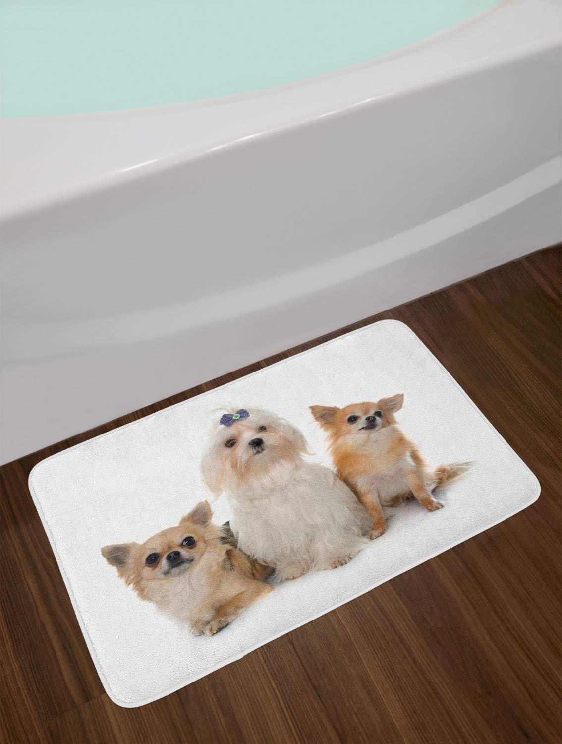 Ambesonne Non-Slip Plush Bath Mat with Chihuahua and Maltese Puppy Design - 30.2