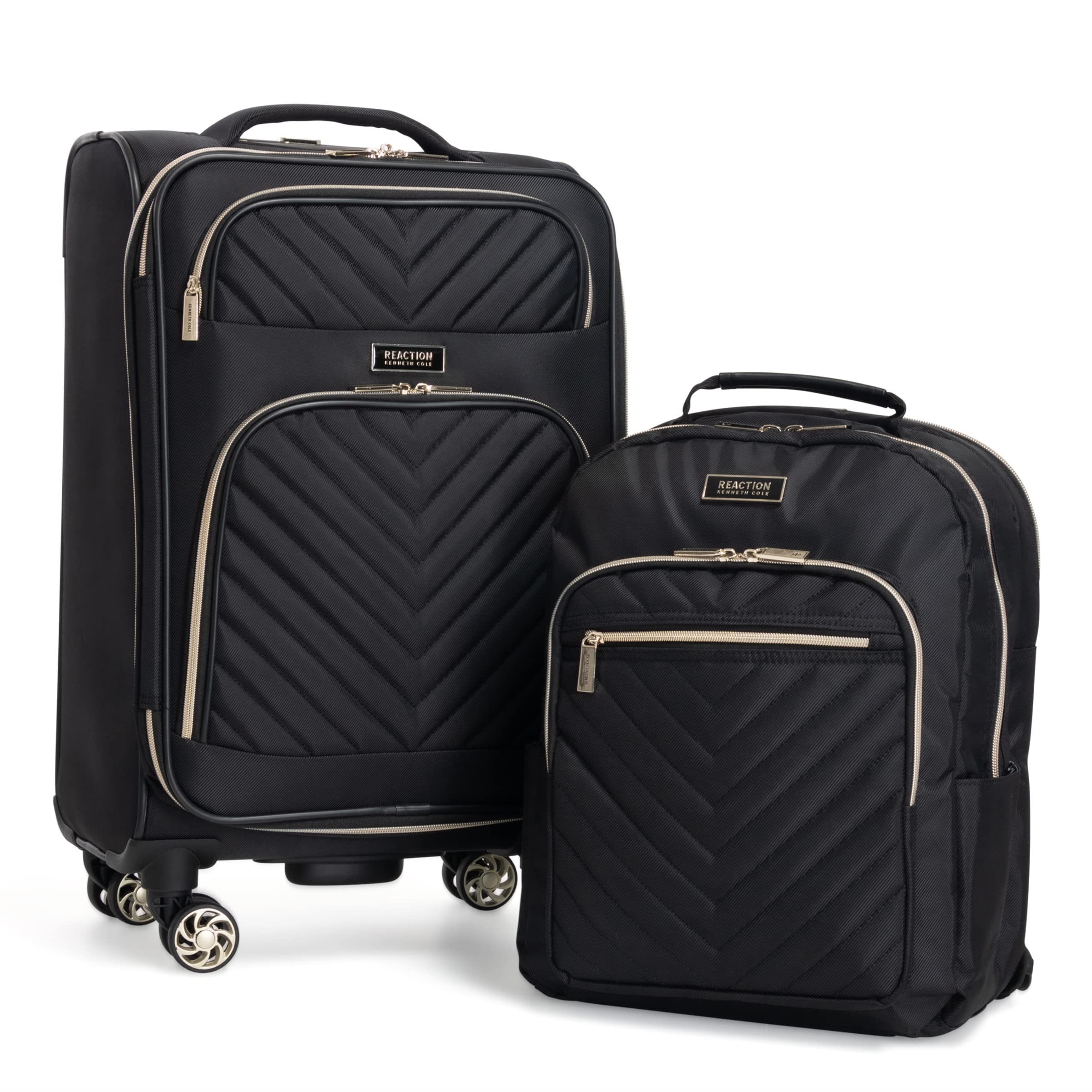 Kenneth Cole Reaction Women's 2-Piece Expandable 8-Wheel Spinner Luggage Set with Backpack - Black Chevron Softside Carry-On Suitcase for Travel, Business Trips & Weekend Getaways