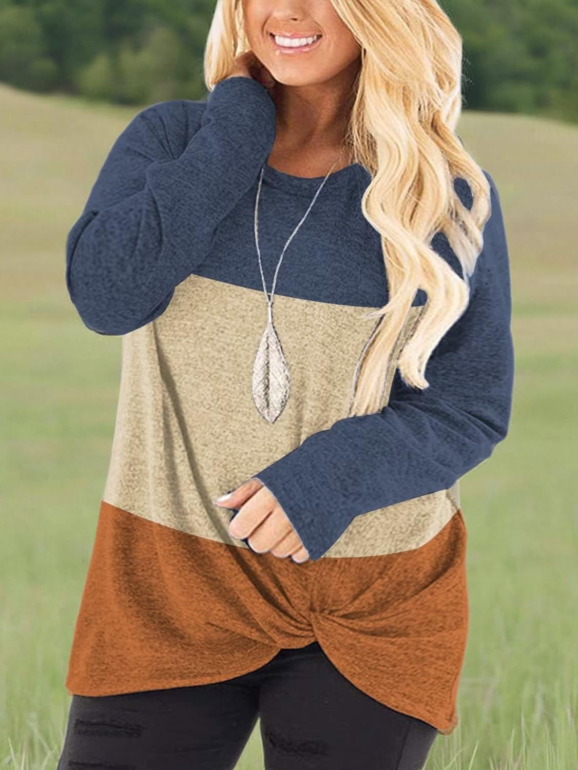 Plus Size Women's Knotted Long Sleeve T-Shirt - Loose Casual Blouse for Women | Comfortable & Stylish Top for Everyday Wear, Work, and Date Nights
