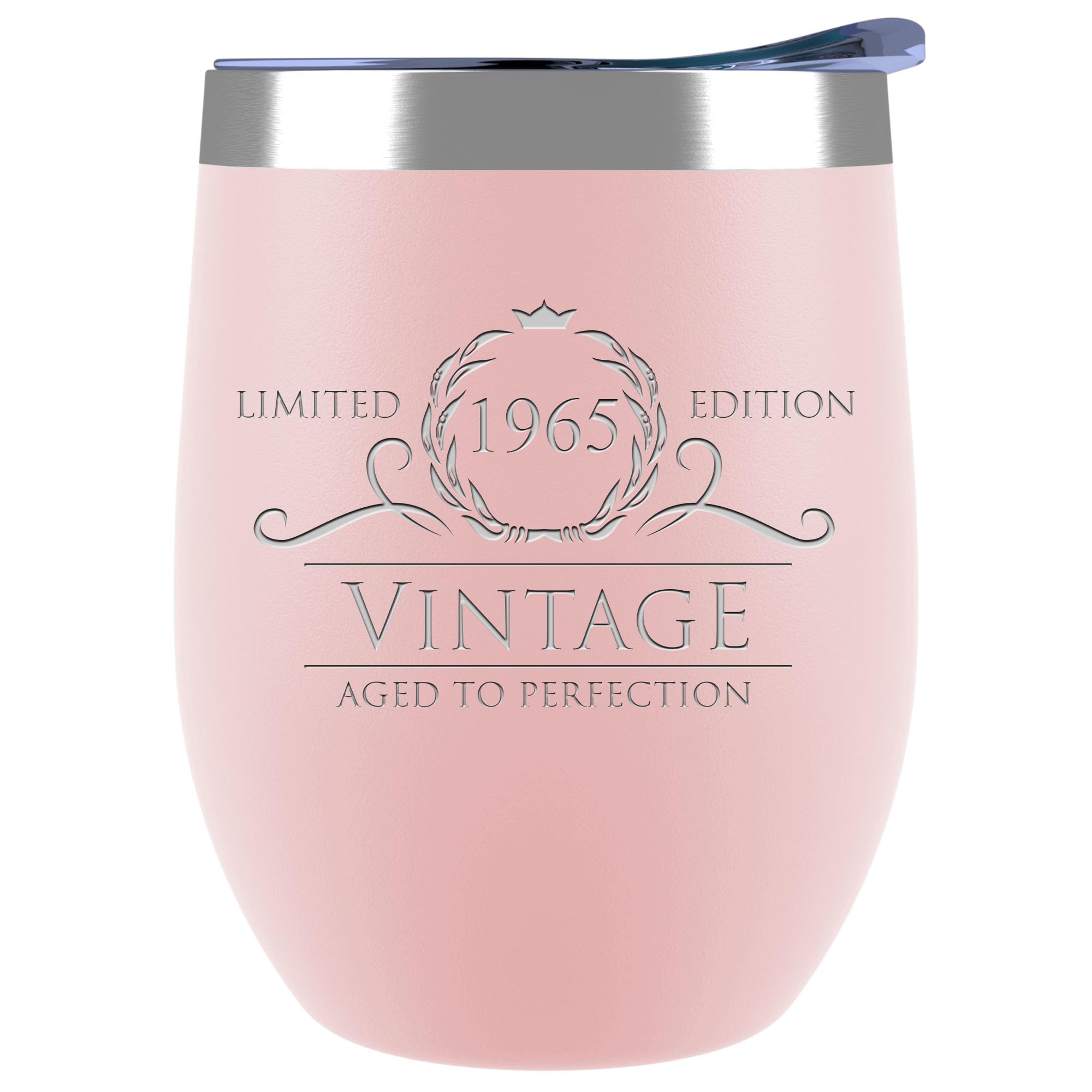 Vintage 1965 Stemless Wine Tumblers - 12oz Blush Birthday Gifts for Women Turning 60, Perfect for Wife, Mom, Sister & Friends | Elegant Wine Glass for Celebrations, Anniversaries & Special Occasions
