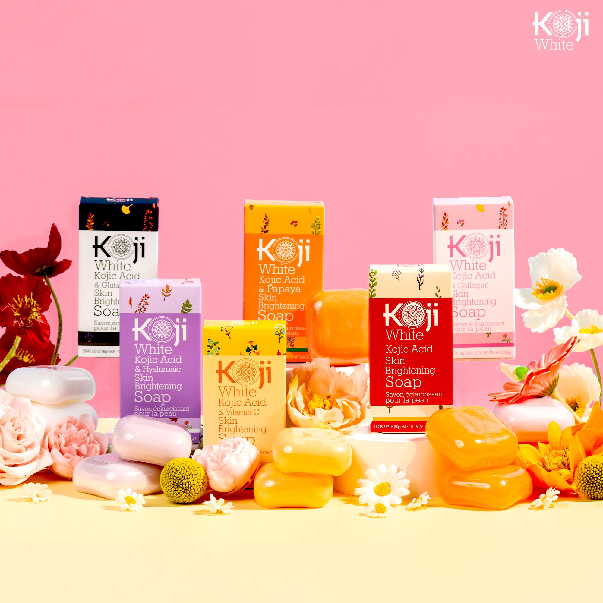 Koji White Kojic Acid & Collagen Skin Brightening Soap - Face & Body Cleanser for Glowing Skin, Moisturizing Bar to Reduce Wrinkles, Vegan & Paraben-Free, 2.82oz (2 Bars) - Perfect for Daily Skincare Routine & Hyperpigmentation Treatment