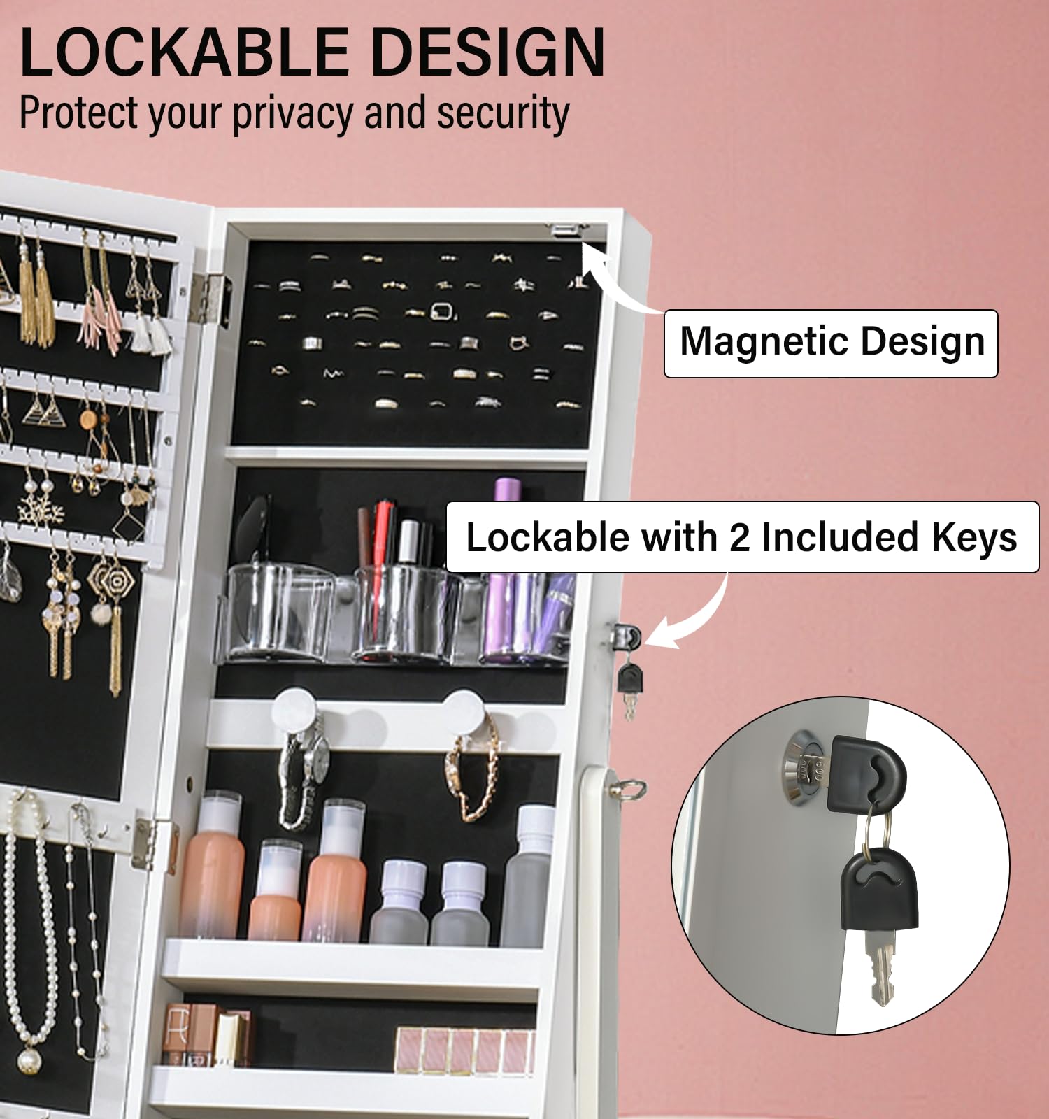 BOSTANA 6-LED Full Length Mirror Jewelry Cabinet with Touch Control & Adjustable Angles - White Jewelry Organizer Armoire with Storage | Perfect for Bedroom, Dressing Room & Closet Organization