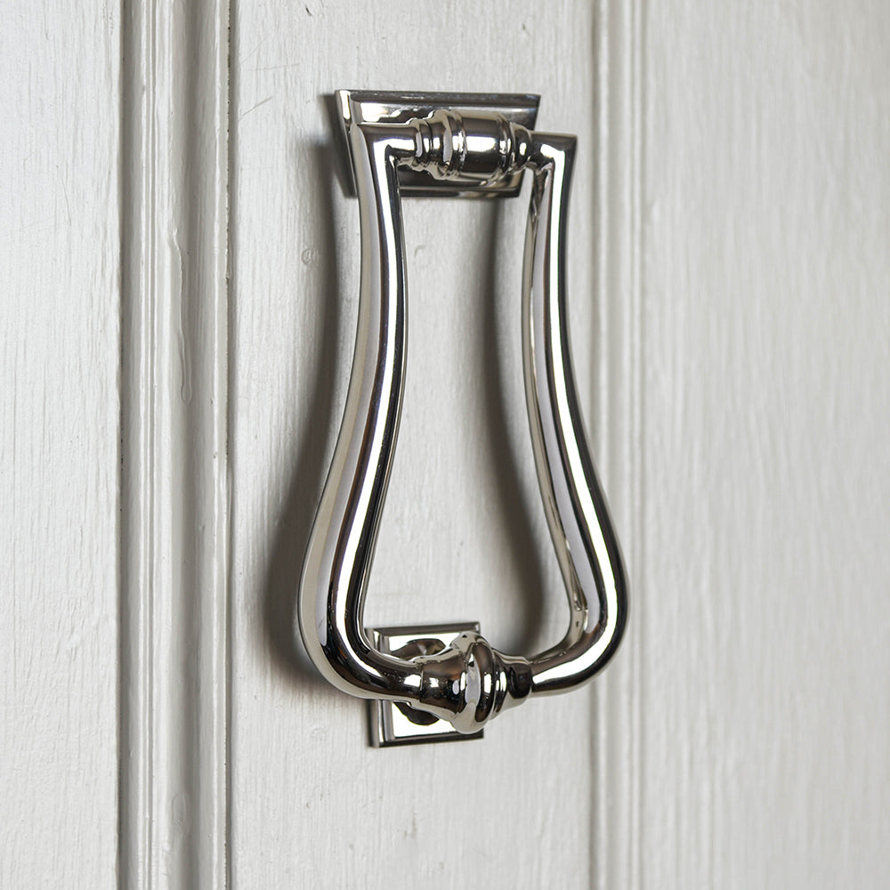 Vintage Art Deco Door Knocker - Polished Nickel Finish, Slim & Elegant Design for Classic Home Entryway Decor - Perfect for Front Doors, Gates & Traditional Style Homes