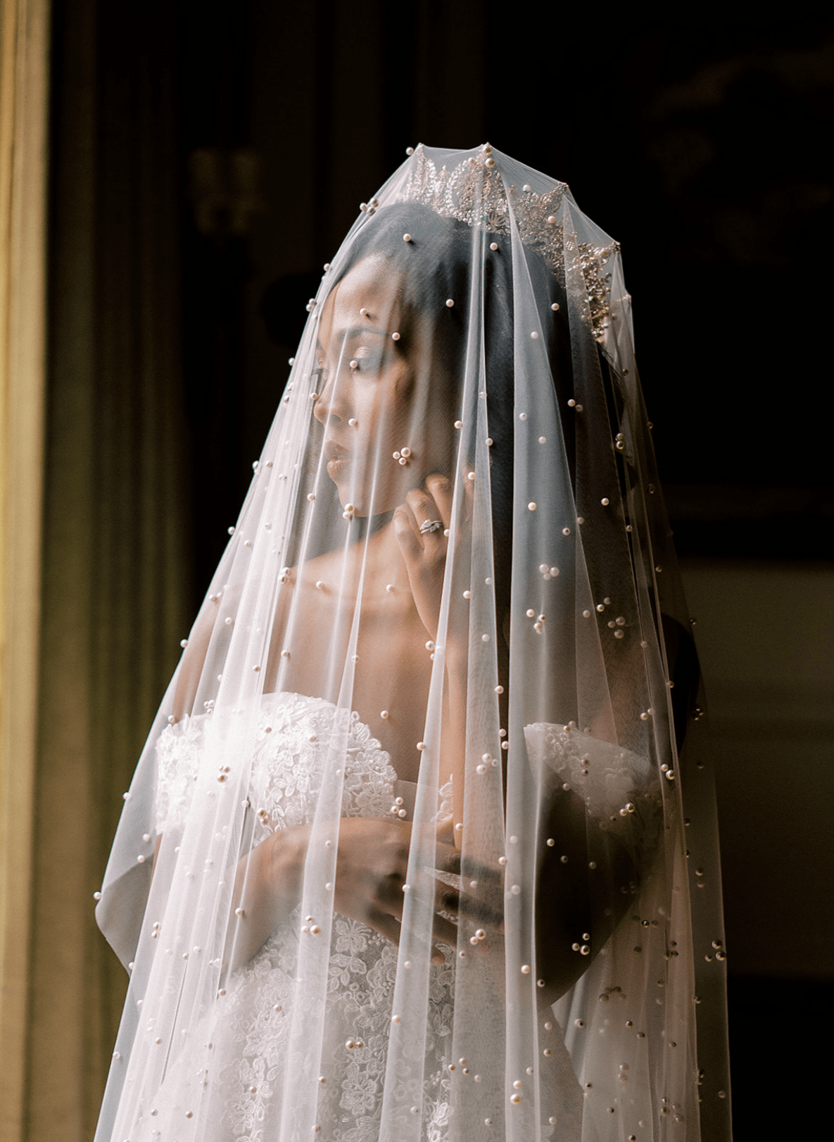 EMMA Pearled Drop Cathedral Veil - Elegant Wedding Veil with Pearl Accents for Brides | Perfect for Church Ceremonies & Formal Weddings