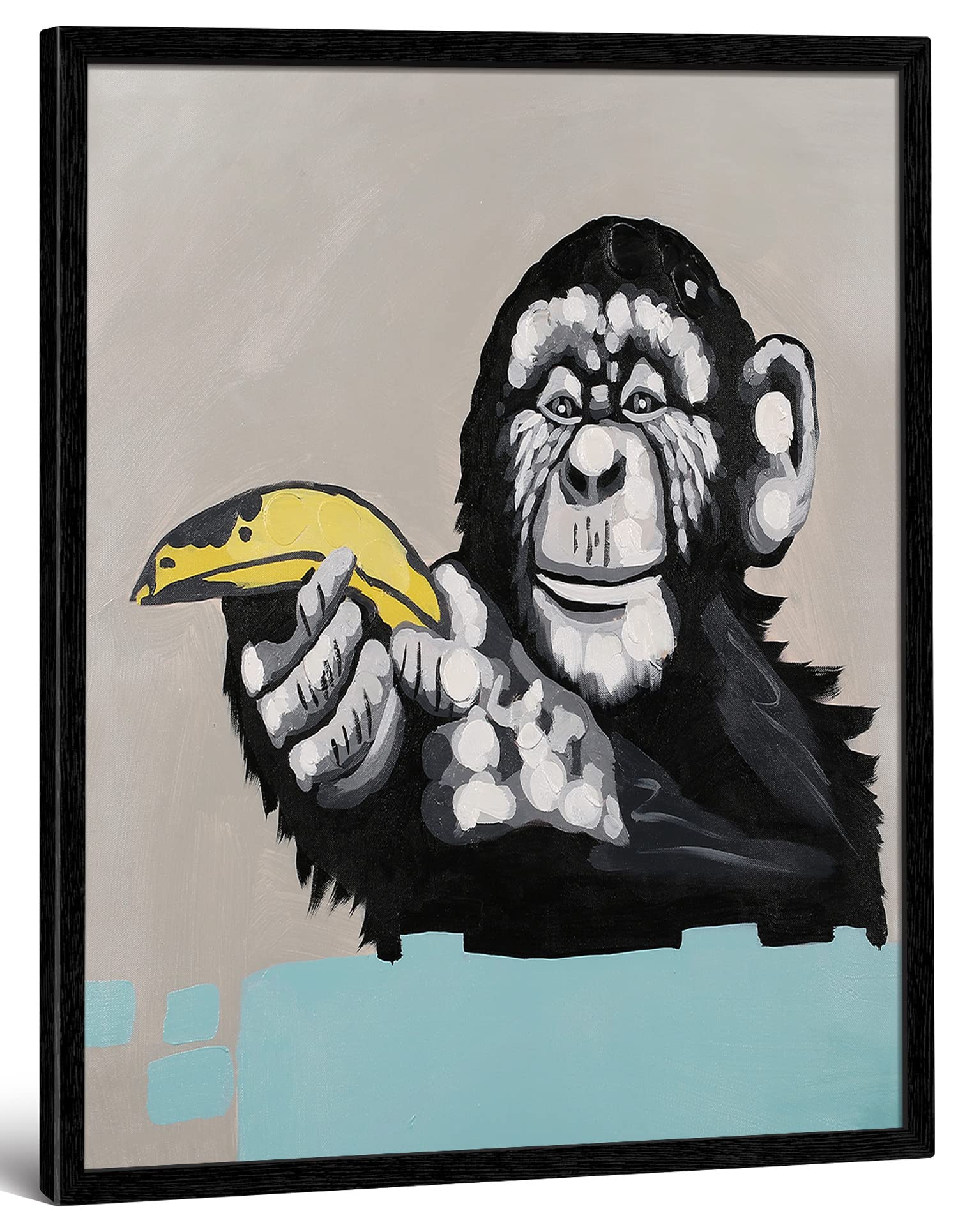 Modern Pop Art Framed Canvas Print - Banana Monkey Animal Wall Decor with Black Real Wood Frame 24x30 - Perfect for Living Room, Bedroom & Office Decor