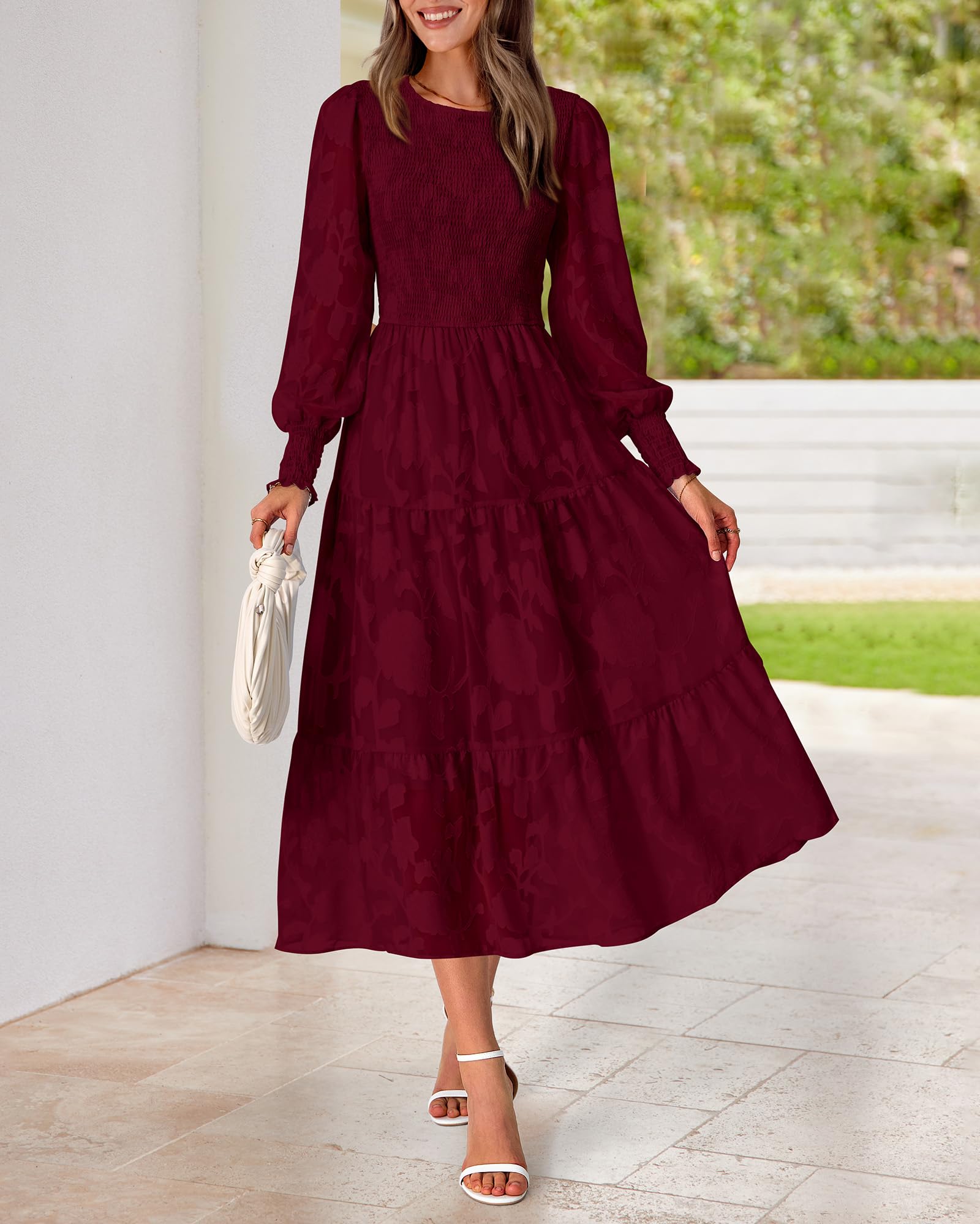 BTFBM Women's Elegant Floral Midi Dress - Long Sleeve Bohemian Wedding Guest Dress for Spring 2025 | Perfect for Garden Parties, Bridal Showers & Formal Events