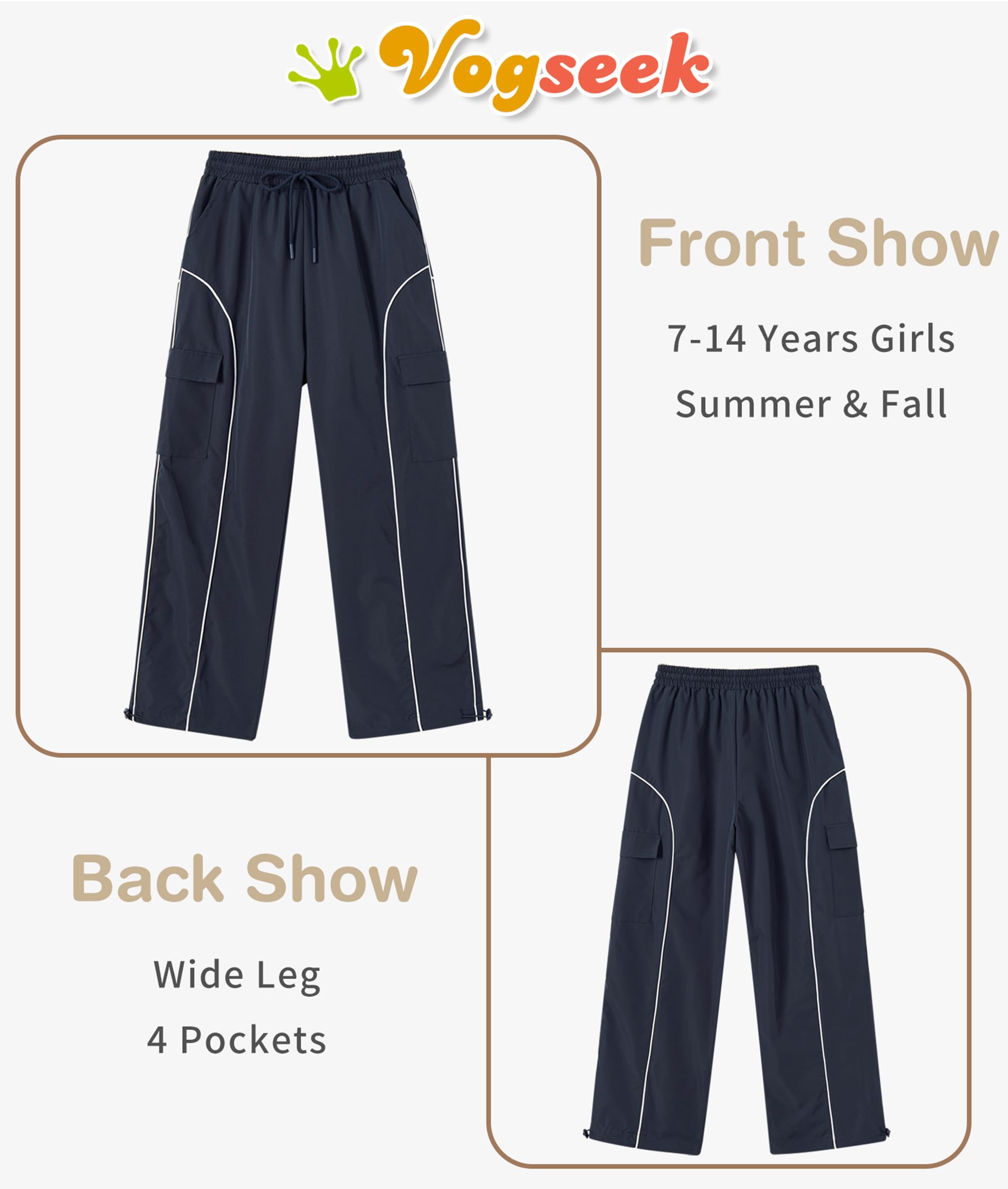 Vogseek Girls Cargo Pants for 7-14 Years - Y2K Joggers, Baggy Pants with Pockets for Teen Girls - Perfect for School, Casual Wear & Street Fashion