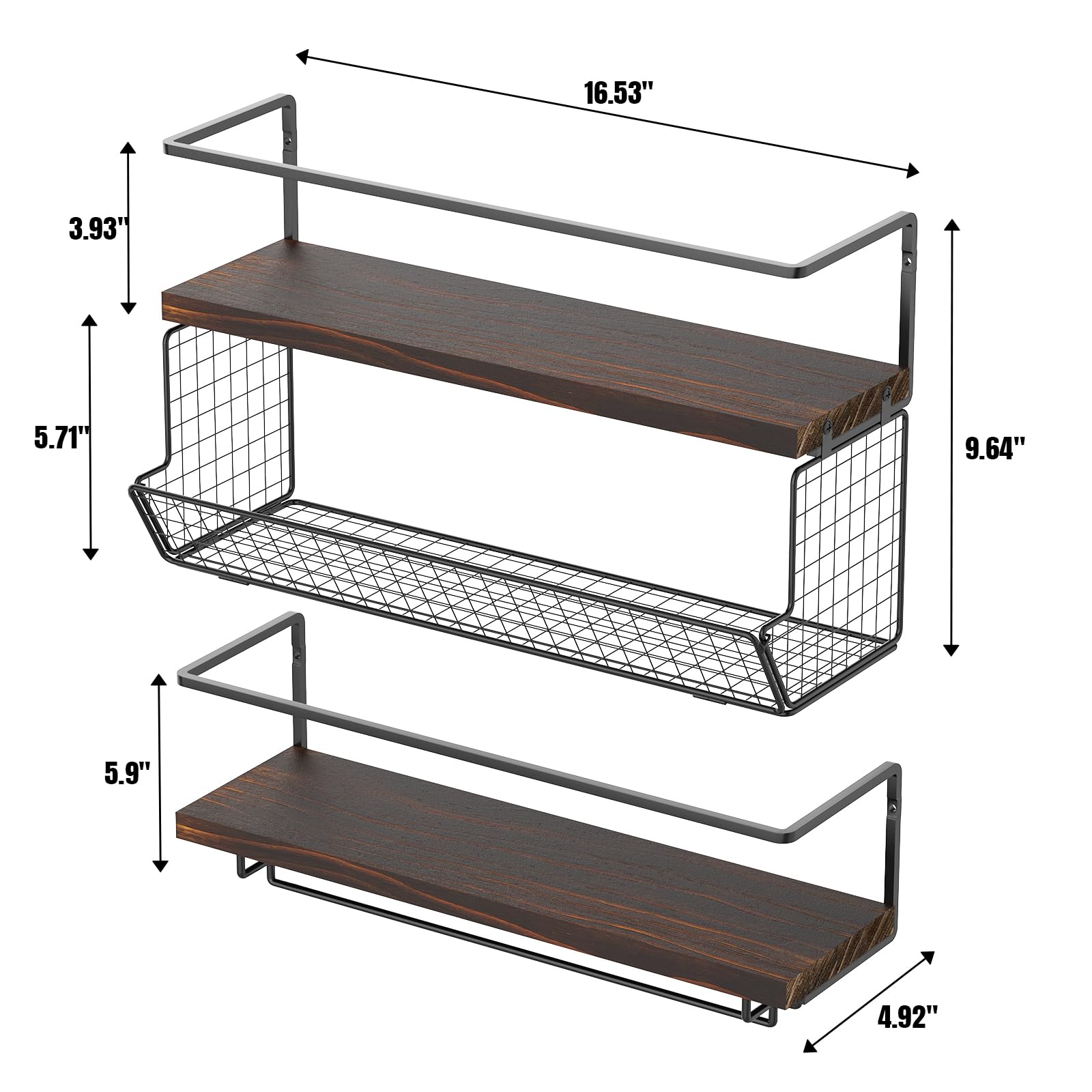 2-Pack Wall Mounted Wine Rack with Mesh Basket & Glass Holder - Rustic Brown Wine Bottle Storage Shelf for Kitchen, Dining Room, Bar Decor - Perfect for Organizing Wine Collections & Displaying Favorite Bottles
