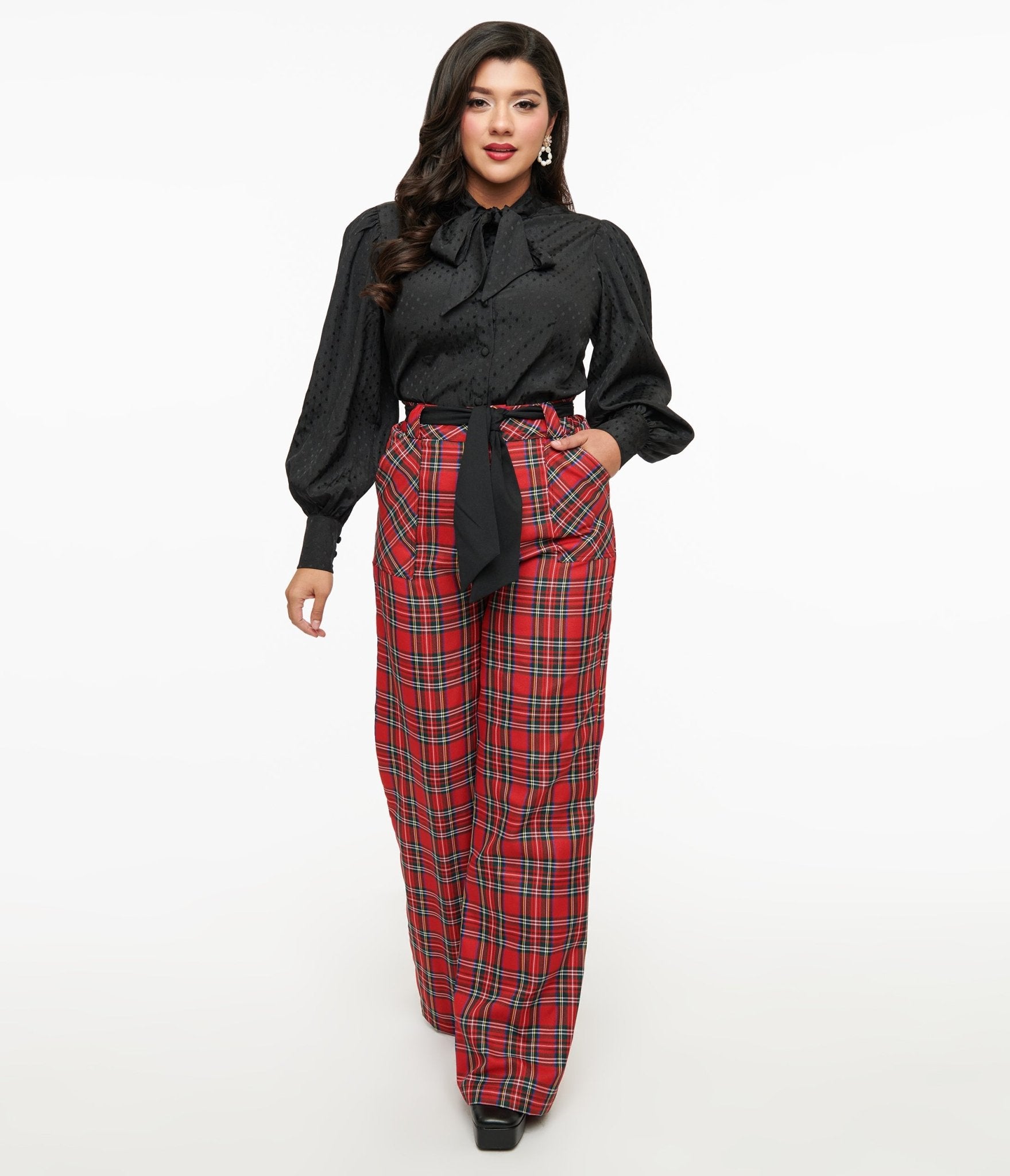 Vintage 1950s Red Plaid Wide Leg Trousers for Women - Retro High Waist Pants - 50s Inspired Fashion for Casual Outfits & Themed Parties