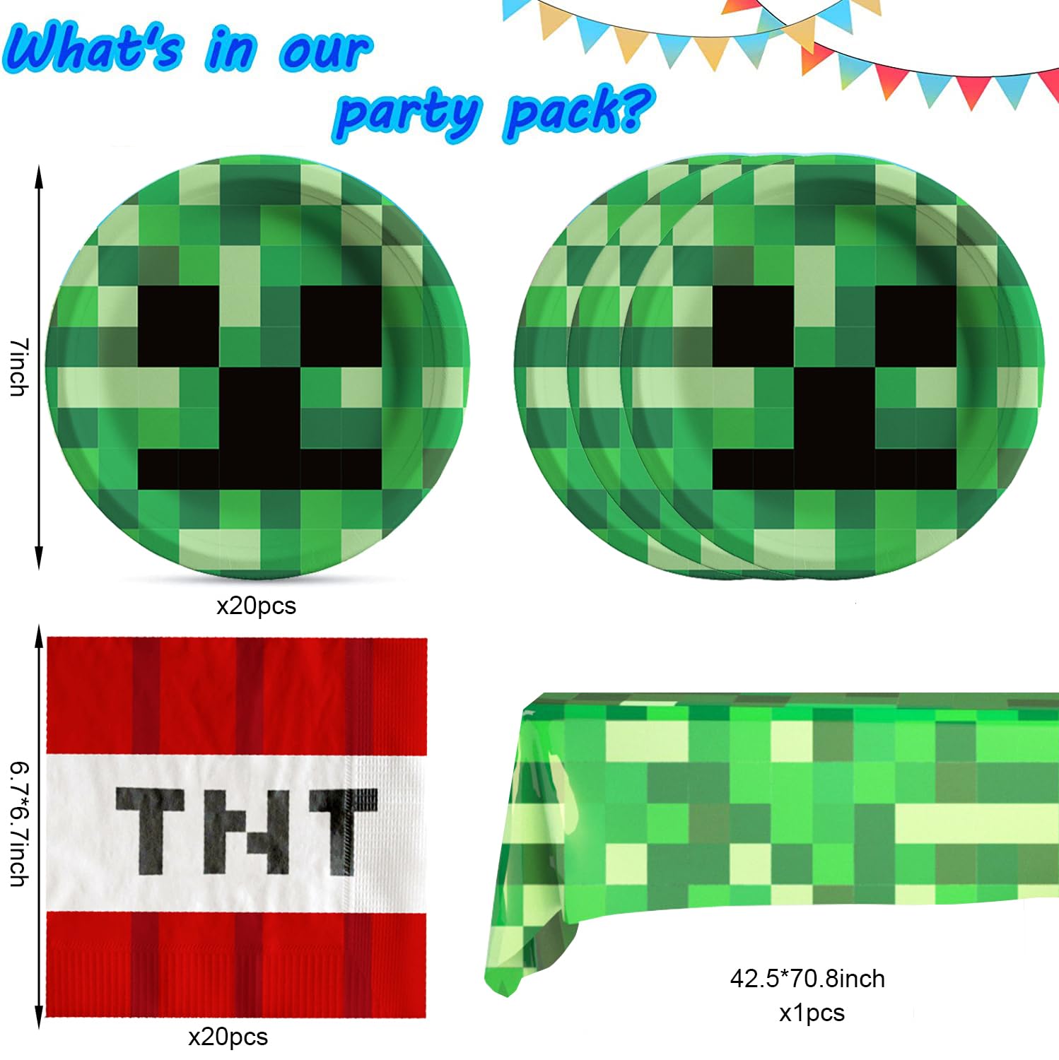41-Piece Pixel Party Supplies Set - 20 Plates, 20 Napkins & 1 Tablecloth for Minecraft Birthday Party Decorations | Perfect for Pixel-Themed Parties, Gaming Events & Kids Celebrations