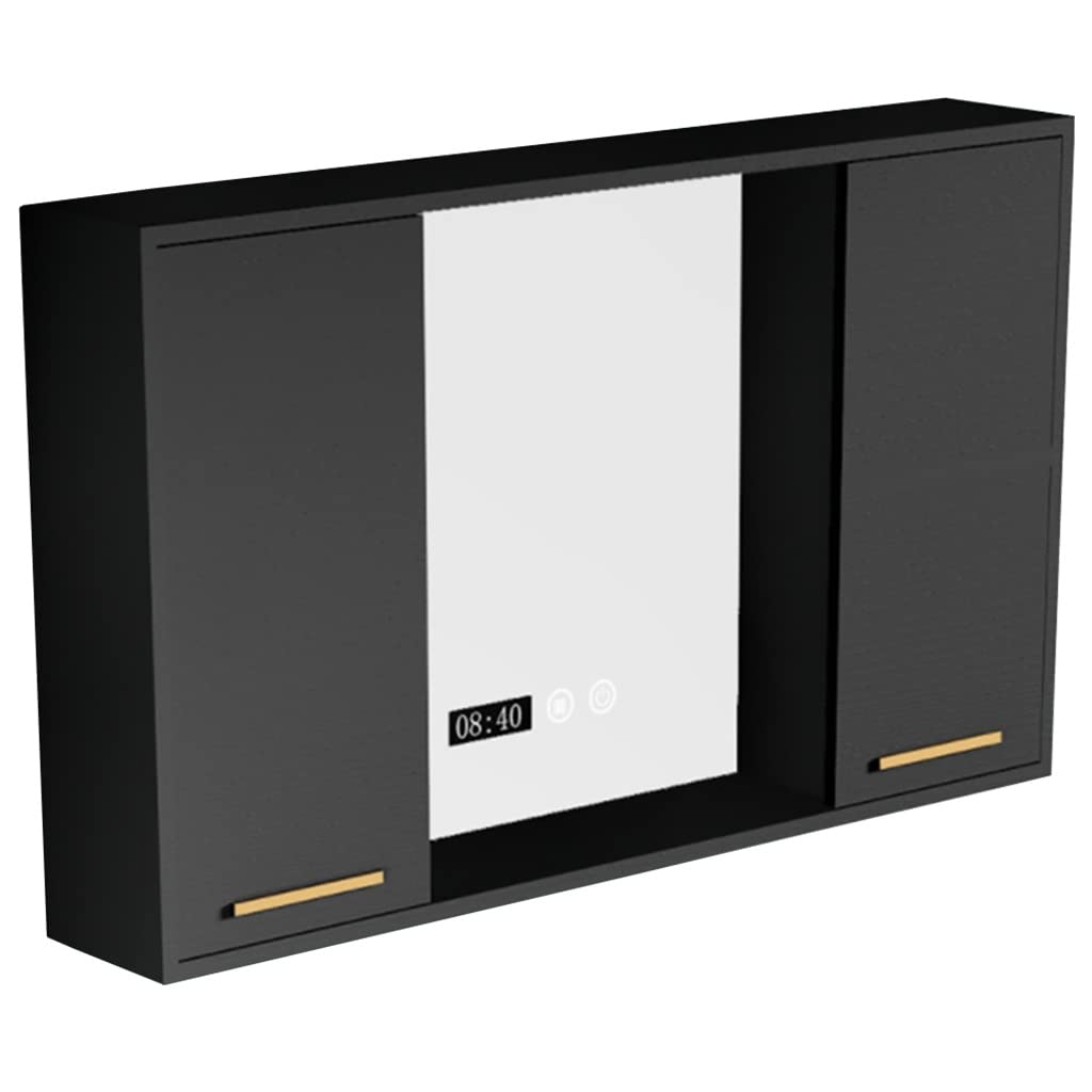 **Black Wall-Mounted Makeup Mirror Cabinet with LED Light – 80x60cm Smart Sliding Bathroom Storage for Cosmetics & Medicine – Perfect for Vanity, Dressing Room & Small Space Organization**