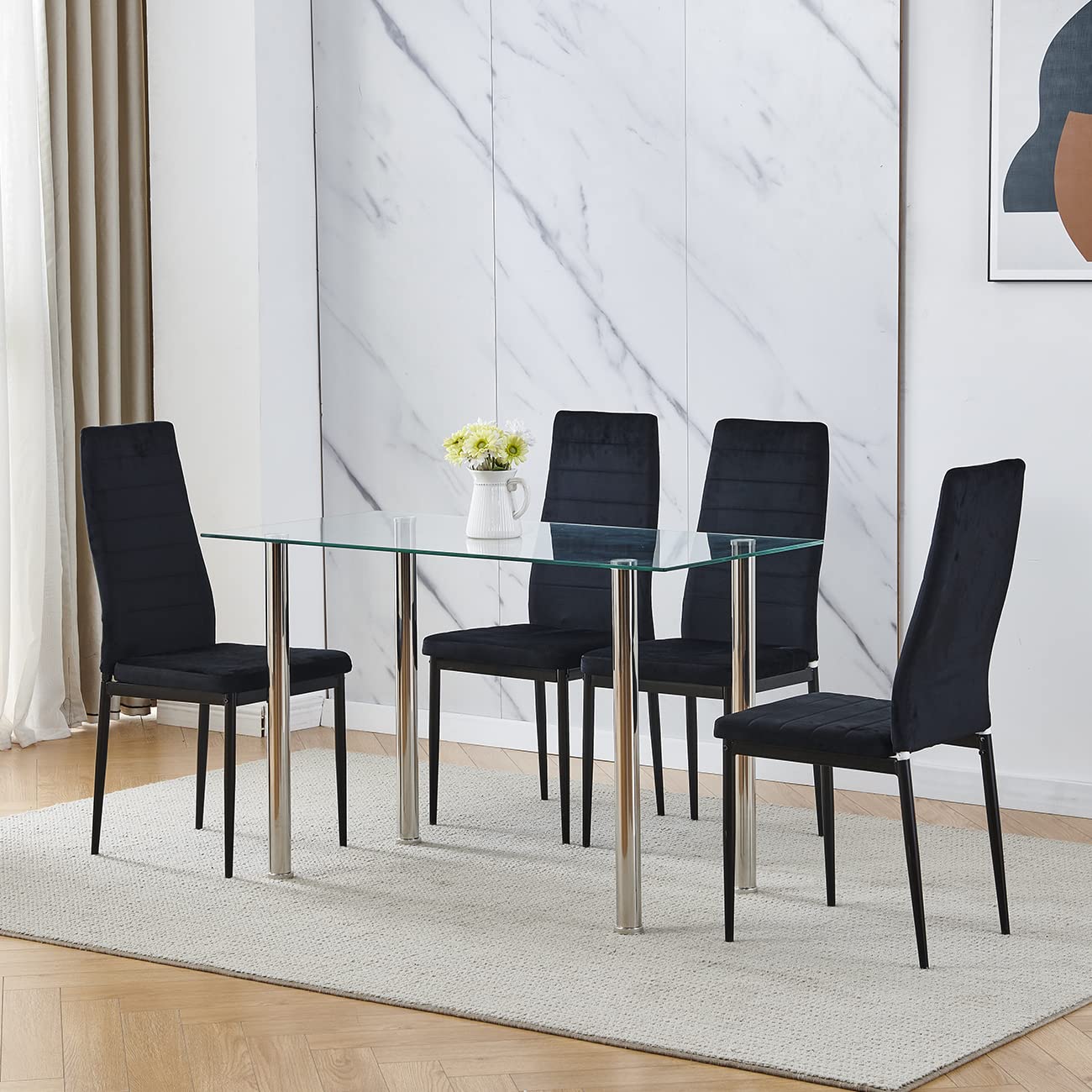 Modern Rectangular Dining Table Set with 4 Chairs - Space Saving Glass Top & Stainless Steel Legs, Flannel Black - Perfect for Small Apartments, Kitchen Nooks & Contemporary Dining Rooms