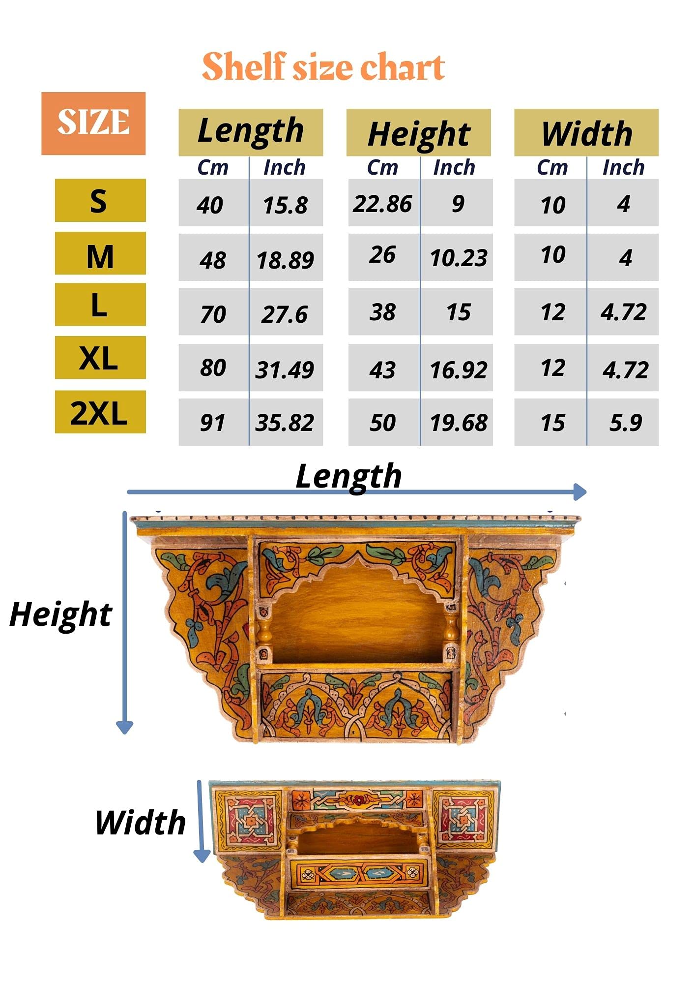 HibArt Moroccan Wooden Floating Shelves - Hand Painted Zouak Style Arabic Hanging Wall Shelf for Living Room, Bedroom Decor (Medium, Dark Green) - Boho Chic Home Decor, Perfect for Displaying Plants, Books & Decorative Items