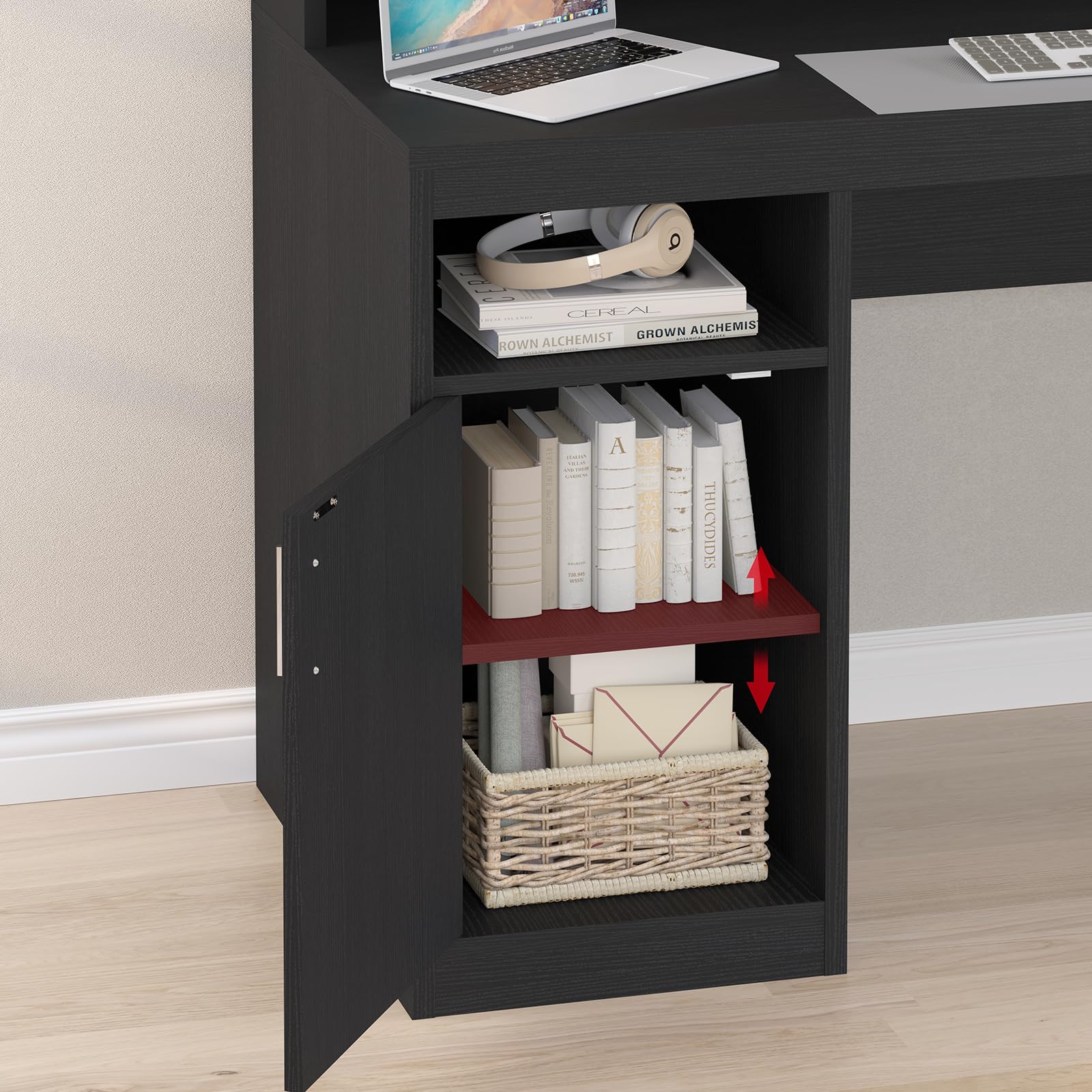 Black Computer Desk with 3 Drawers, Storage Shelves & File Cabinet - Home Office Desk with Monitor Stand & Printer Shelf - Executive Writing Study Table for Small Spaces, Gaming & Remote Work