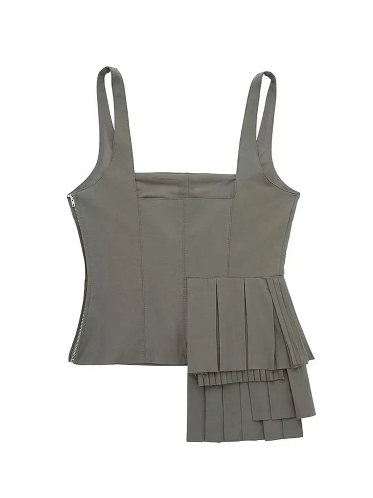 HH TRAF Women's Summer Fashion Asymmetrical Tank Top - Casual Square Neck Slim Fit Sexy Backless Pleated Blouse for Beach, Party & Date Night Outfits