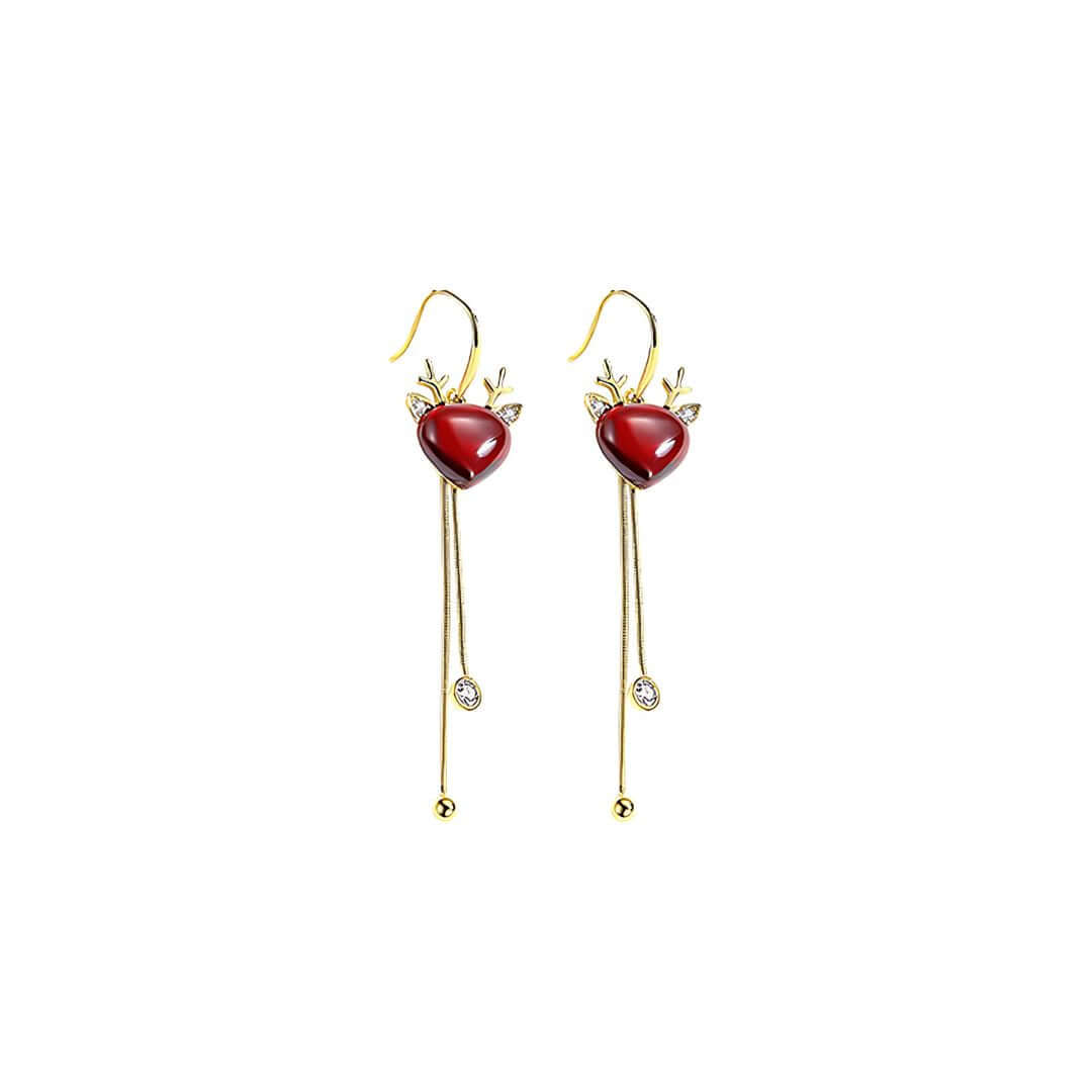 Ruby Corundum Reindeer Dangle Drop Tassel Fringe Christmas Earrings | DC002 | Perfect Holiday Party Accessory & Festive Gift