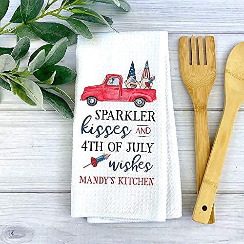 Personalized Sparklers Kisses and 4th of July Wishes Kitchen Towel - Custom Waffle Weave Holiday Towel for Independence Day Decor, Summer Kitchen Accessories | Perfect for Patriotic Parties, BBQ Gatherings & Home Decoration