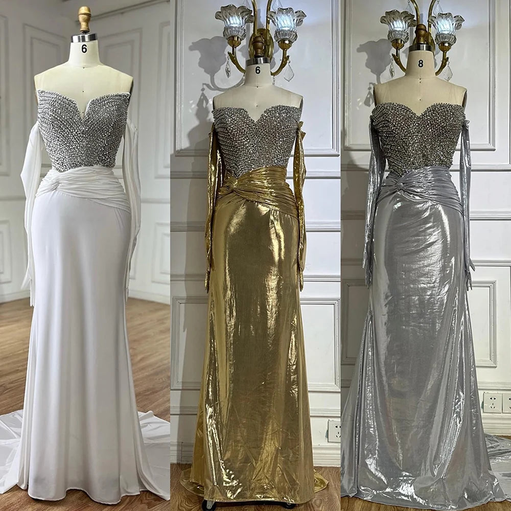 Elegant White Arabic Evening Gown with Crystal Beading - Luxury Dubai Formal Dress with Gloves for Weddings, Galas & Special Occasions LA72758