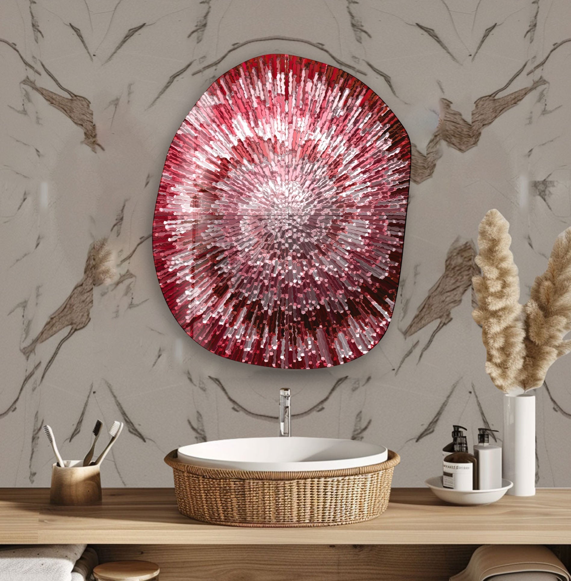 Abstract Red Lines Oval Glass Wall Art - Modern Home Decor for Living Room, Bedroom & Office - Elegant Handmade Glass Artwork