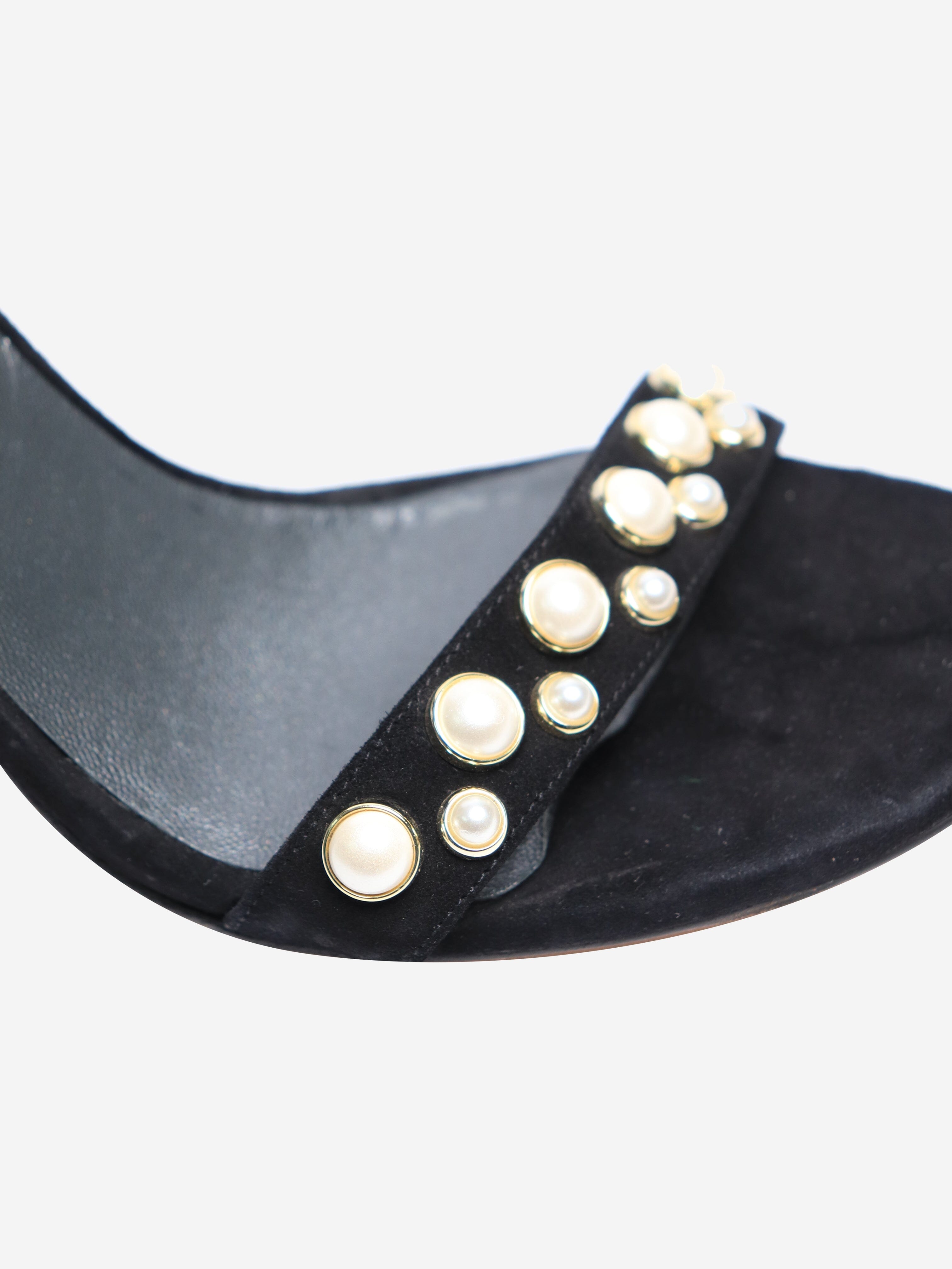 Elegant Black Suede Pearl Embellished Sandal Heels Women's Size EU 38.5 - Perfect for Weddings, Parties & Evening Events