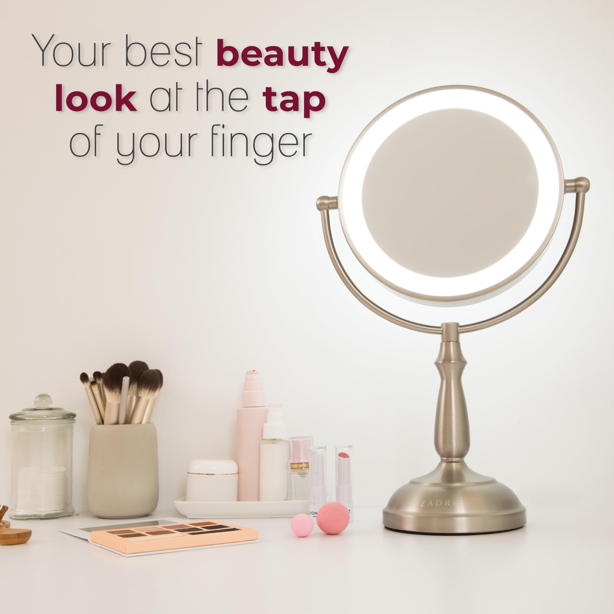 Zadro 11 Inch LED Makeup Mirror with Dimmable Touch Lights & Magnification - Perfect for Vanity, Bathroom, and Travel Makeup Application