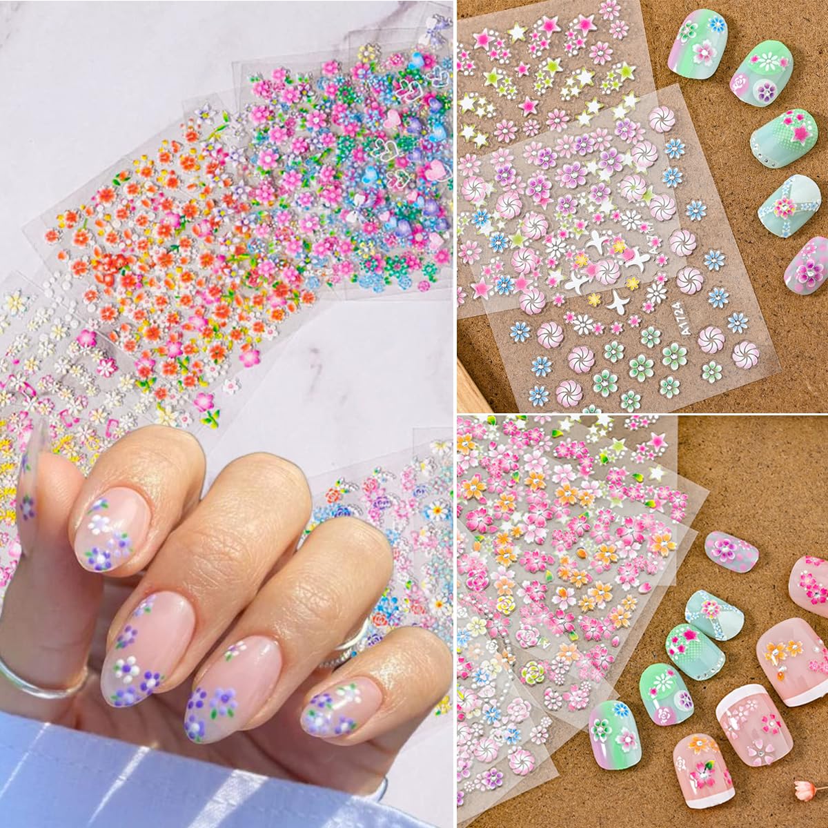 30 Sheets 3D Flower Nail Art Stickers - Self-Adhesive Nail Decals with Roses, Daisies & Cherry Blossoms - Pink Floral Nail Designs & Cute Heart Stickers for Acrylic Nails - Perfect for Salon, Home Manicures & Nail Art Enthusiasts