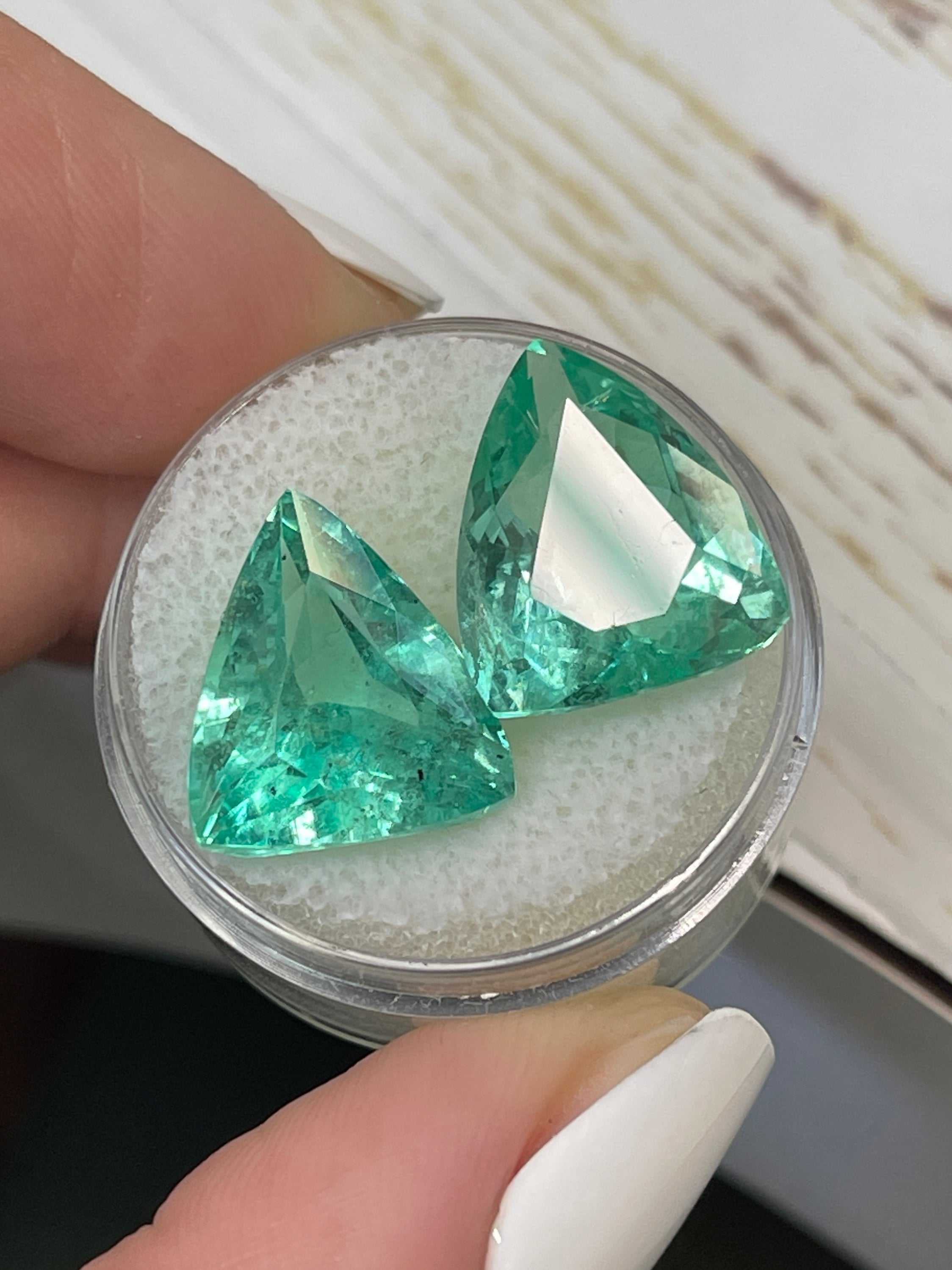 15.76tcw Natural Colombian Emerald Loose Gemstones - Matching Pair 15x13mm Green Trillion Cut for Jewelry Making, Engagement Rings & Custom Designs