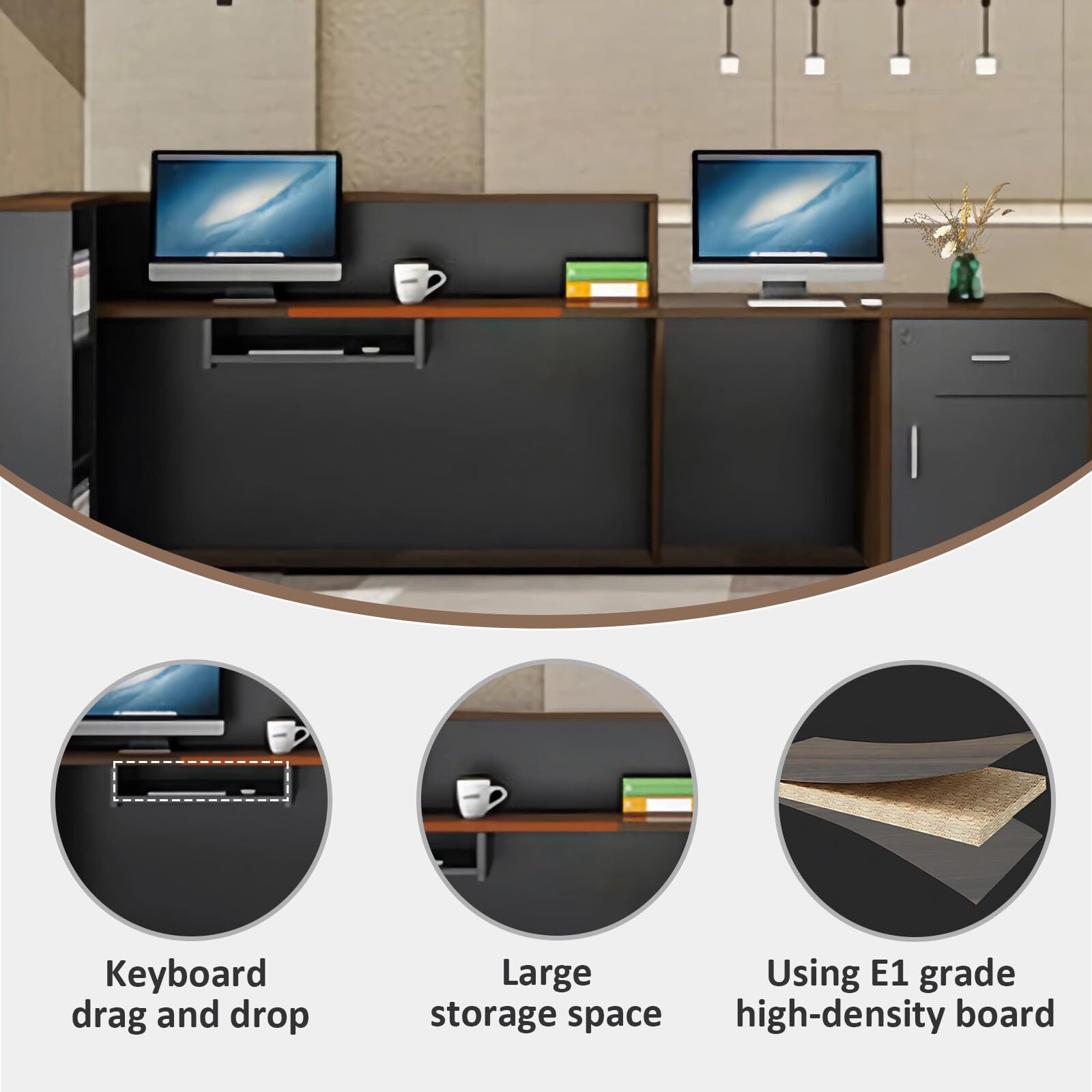 Modern L-Shaped Reception Desk with Hutch - Office Wooden Computer Front Desk with Lockable Drawer & Cabinet (Walnut + Iron Gray, Right Cabinet, 86.61