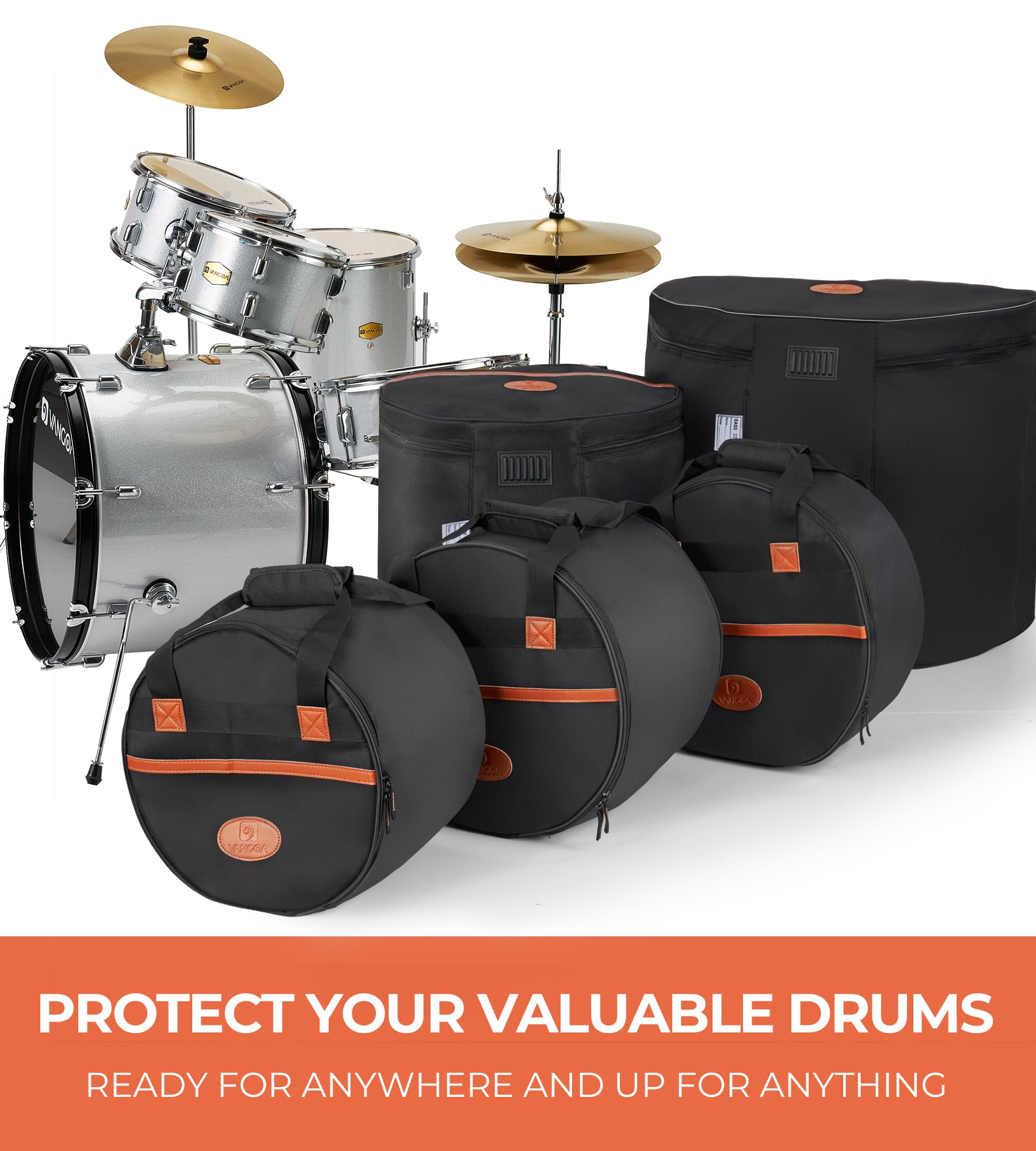 Vangoa 5-Piece Drum Bag Set with Thick Padding - Protective Drum Cases for 12
