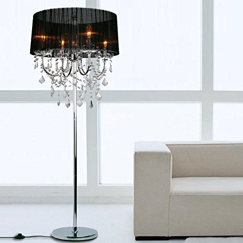 Modern Crystal Floor Lamp for Living Room & Bedroom - European Fabric Shade with Crystal Accents - Black Finish - Perfect for Ambient Lighting and Home Decor