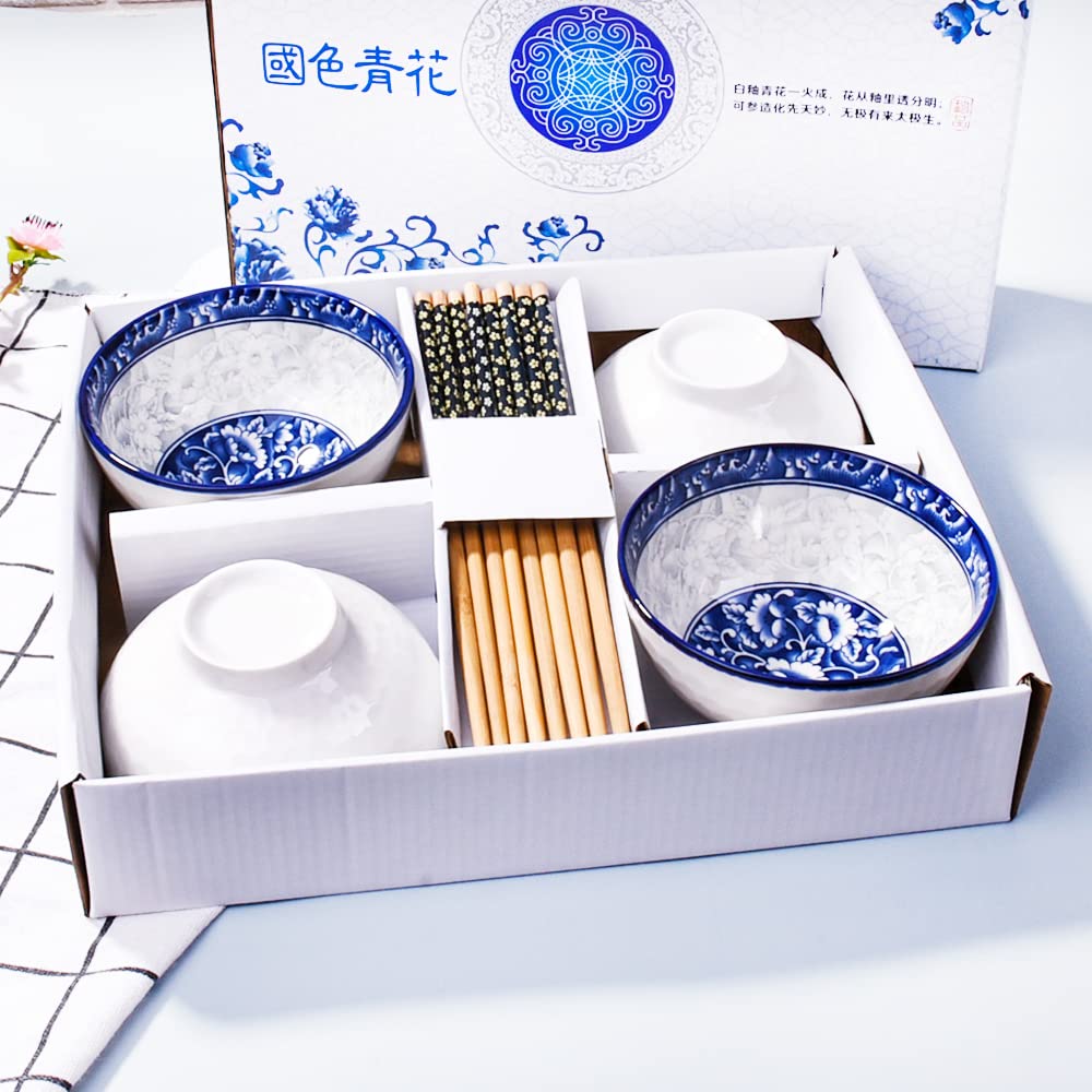 Blue and White Porcelain Chinese Bowl and Chopsticks Set of 4 - Rice, Soup, Sushi, Cereal Bowls with Delicate Gift Box | Elegant Tableware for Asian Dining, Home Decor, and Party Serving