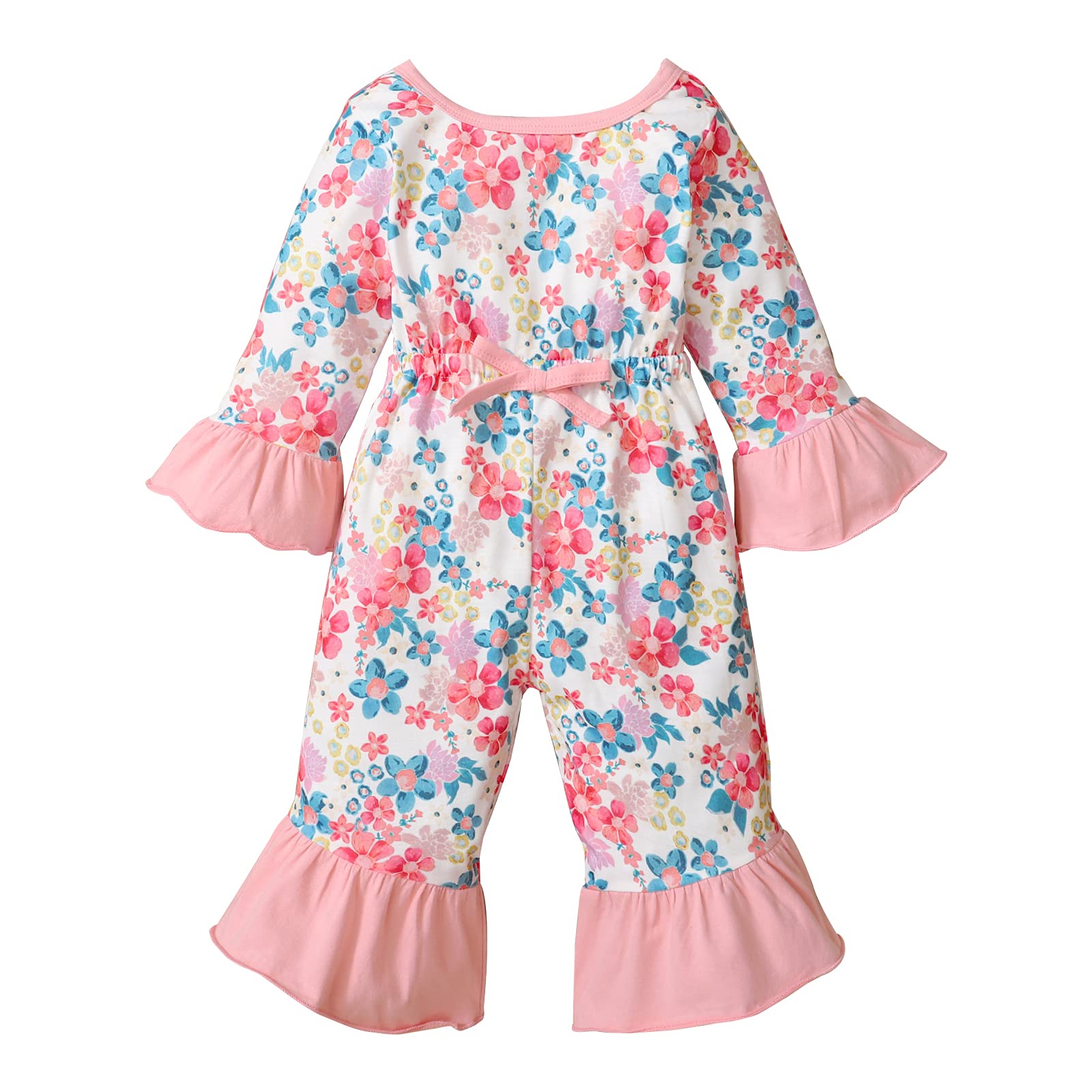 RomperinBox Girls Floral Jumpsuit - Toddler One-Piece Romper with Bell-Bottom Flare Pants (12M-4Y) | Cute Fall Outfits for Playdates, Preschool & Family Photos