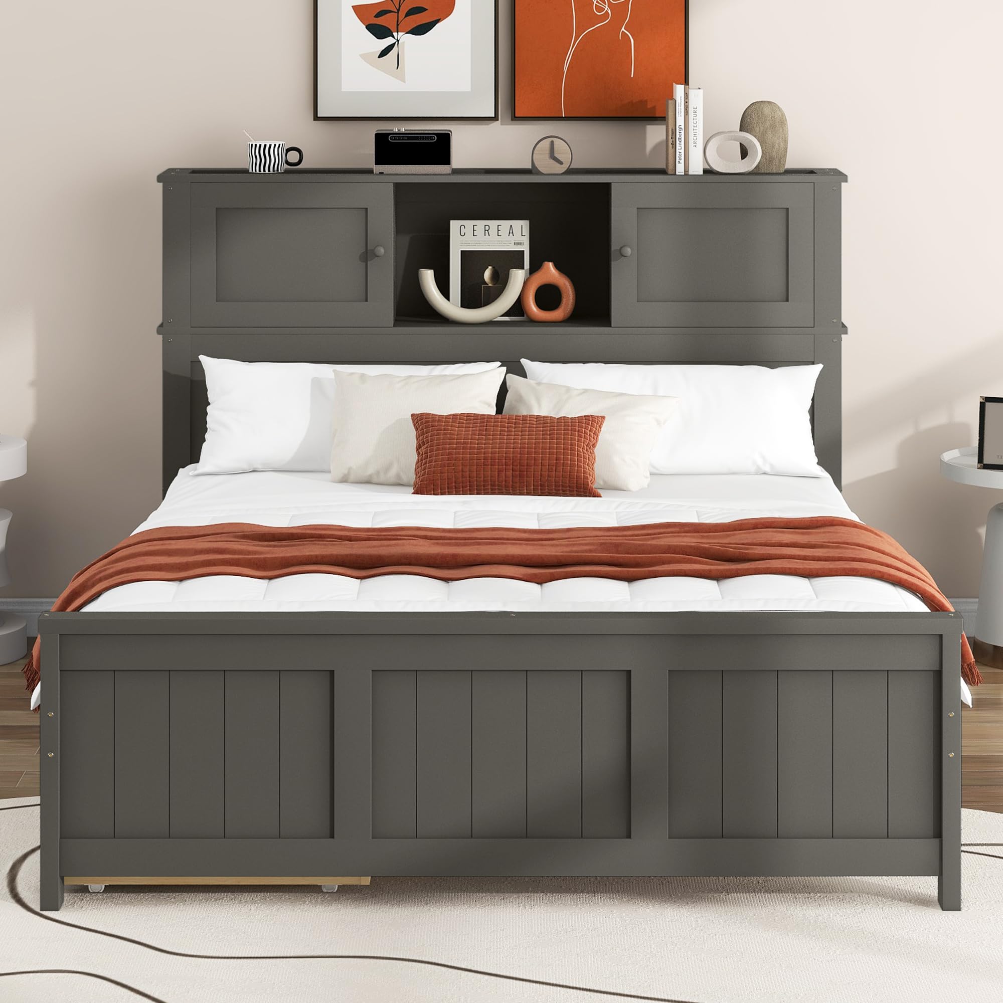LZ LEISURE ZONE Full Size Platform Bed Frame with Storage Drawers & Sliding Door Headboard - Sturdy Wood Bed with Underbed Storage - Gray - Perfect for Small Bedrooms, Guest Rooms & Dorm Rooms