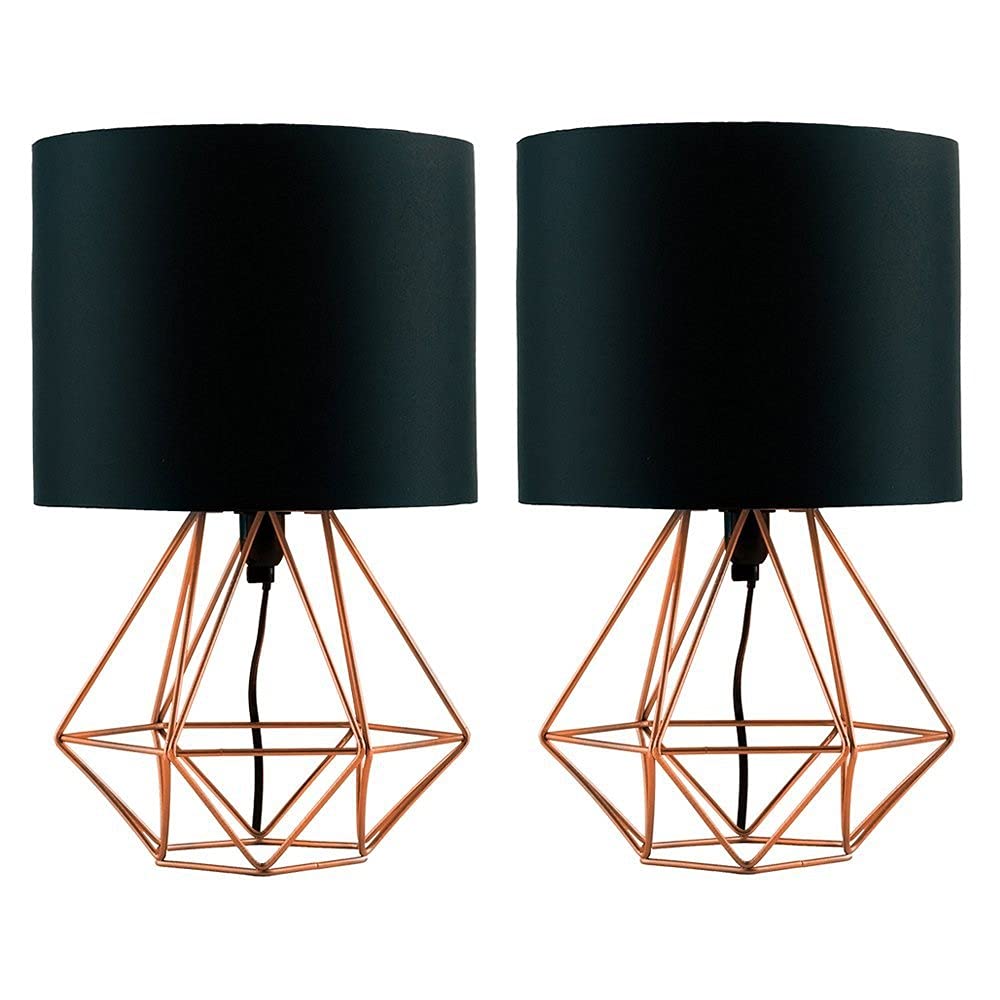 2-Pack Modern Table Lamps with Hollowed Out Metal Wire Cage Base - Rose Gold & Black Desk Lamps with White Fabric Shades for Living Room, Bedroom, Dining Room - Perfect for Nightstands, Home Office & Reading Nooks
