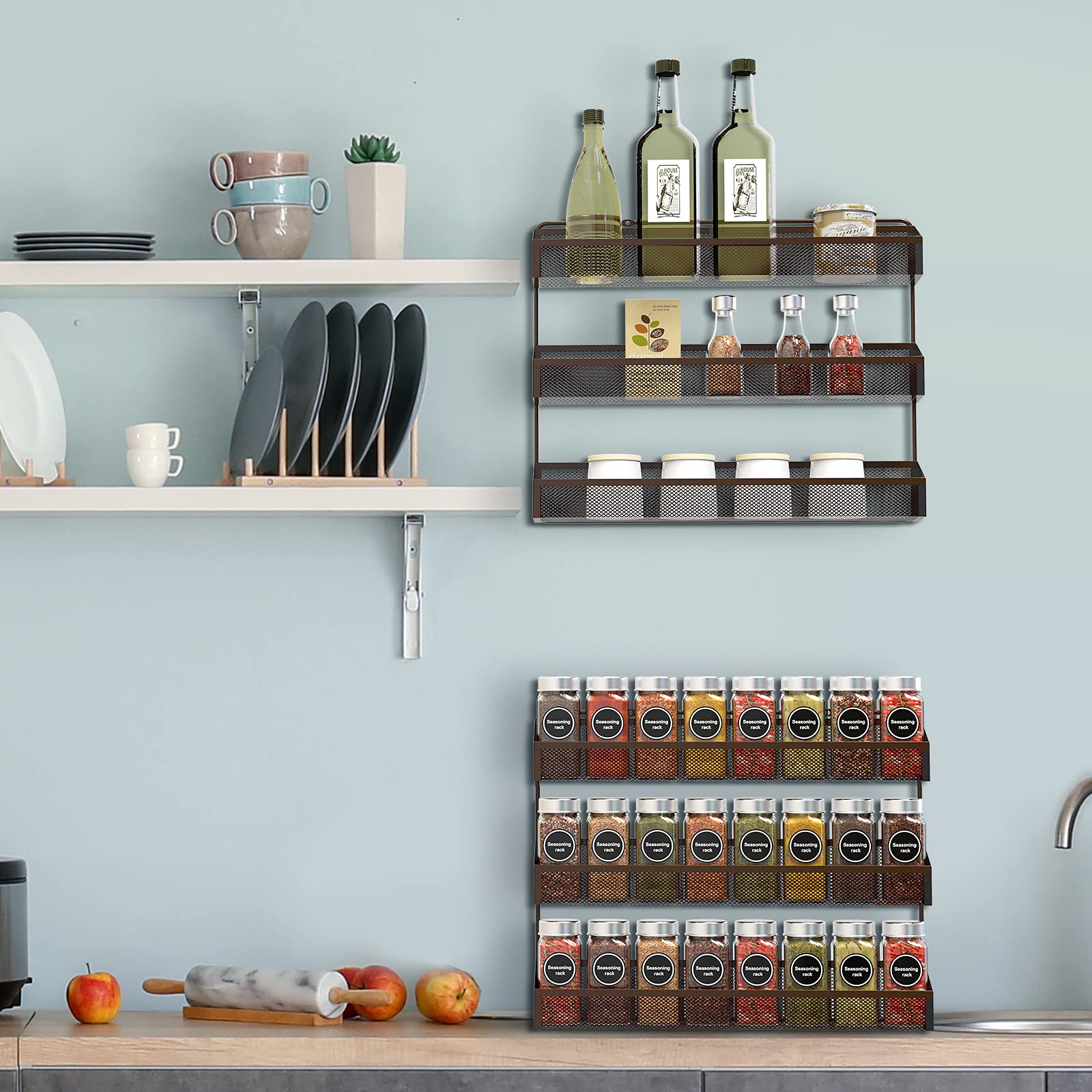 2 Pack AULEDIO 3-Tier Spice Rack Organizer - Countertop or Wall Mounted Kitchen Cabinet Storage Shelf for Spices, Cosmetics & Bathroom Essentials - Bronze Finish | Perfect for Pantry, Cupboard & Shower Organization