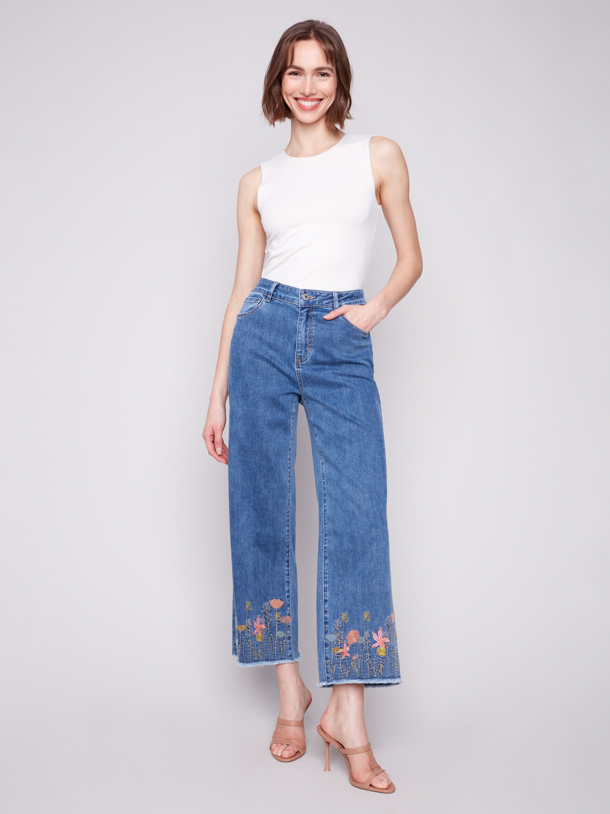 Floral Embroidered Wide Leg Jeans for Women - Medium Blue Denim Pants - Boho Chic Style for Casual Outings & Summer Fashion