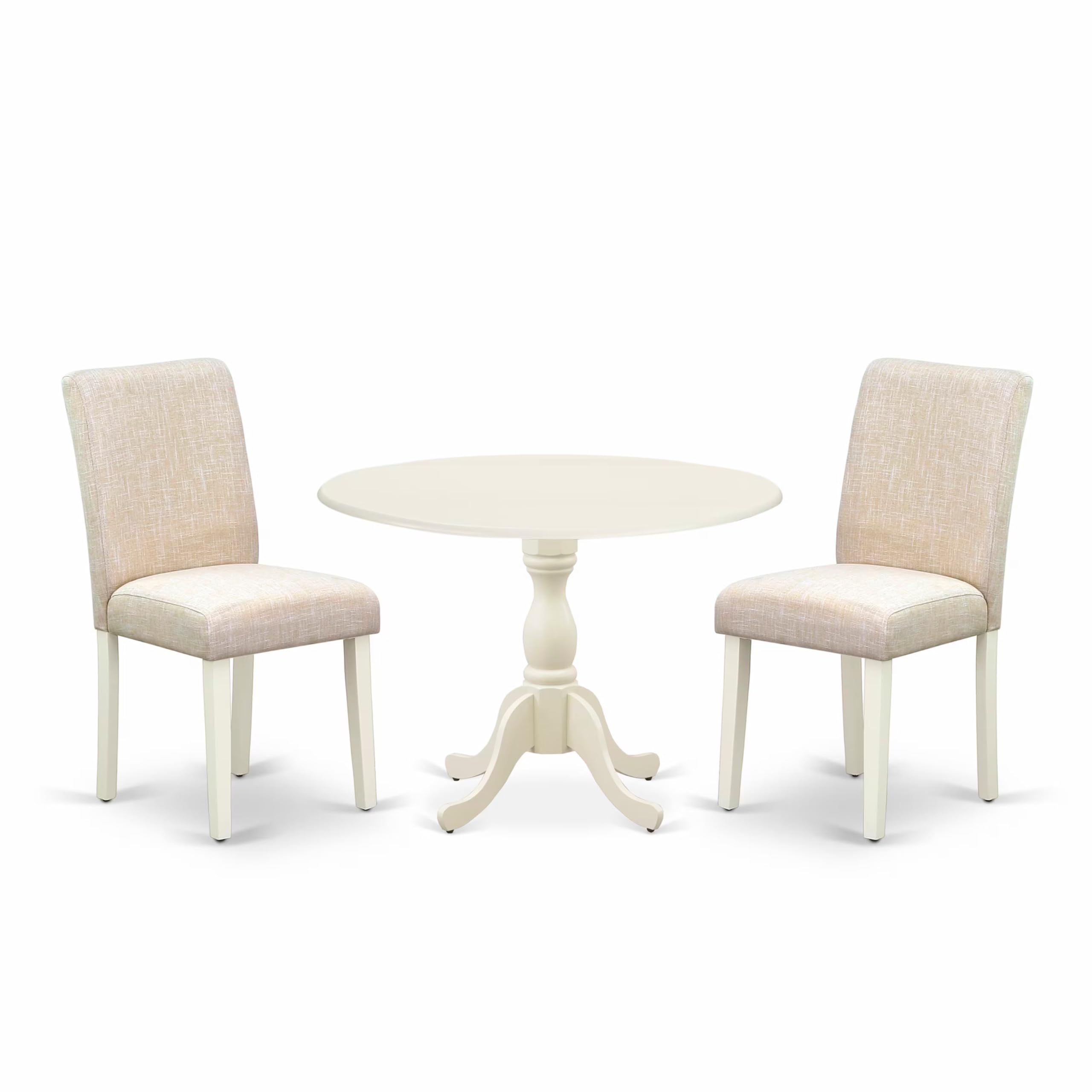 East West Furniture DMAB3-LWH-02 3-Piece Round Dining Table Set with Drop Leaf & 2 Light Beige Linen Upholstered Chairs, 42x42 Inch, Linen White - Perfect for Small Spaces, Breakfast Nooks & Cozy Apartments