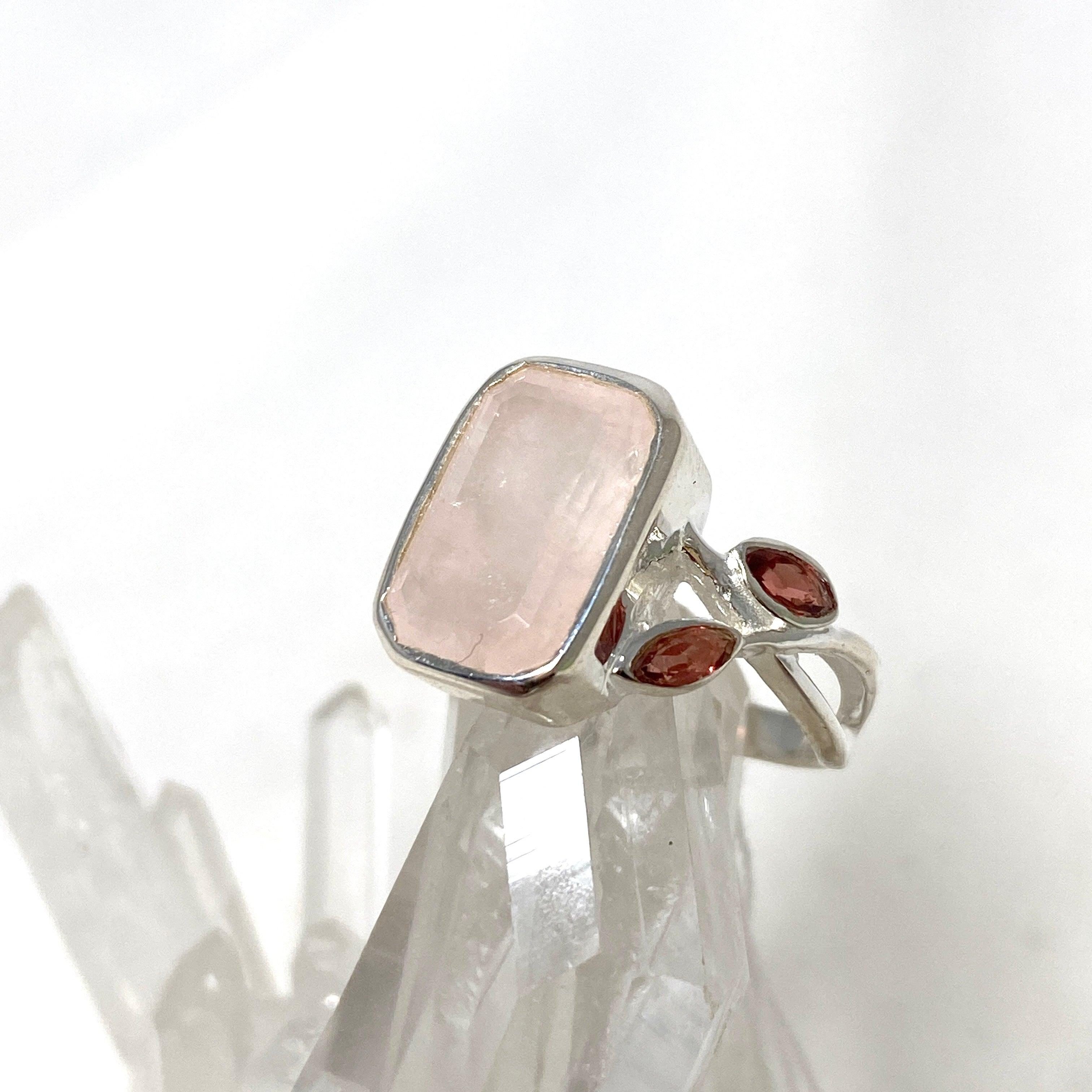 Rose Quartz Faceted Rectangular Multistone Ring with Botanical Details R3806 - Elegant Healing Crystal Jewelry for Women, Perfect for Meditation, Yoga & Spiritual Gifts