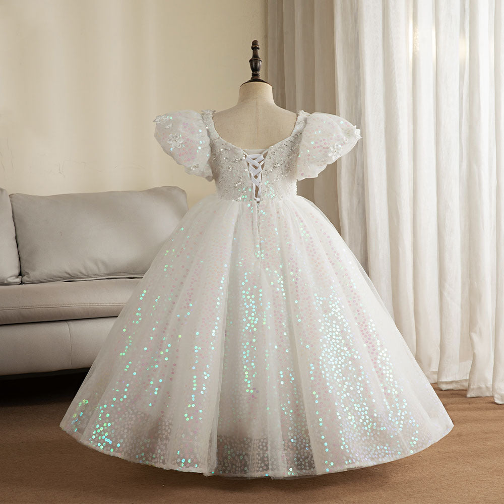Sparkling White Sequined A-Line Flower Girl Dress with Puff Sleeves - Perfect for Weddings, Pageants & Special Occasions