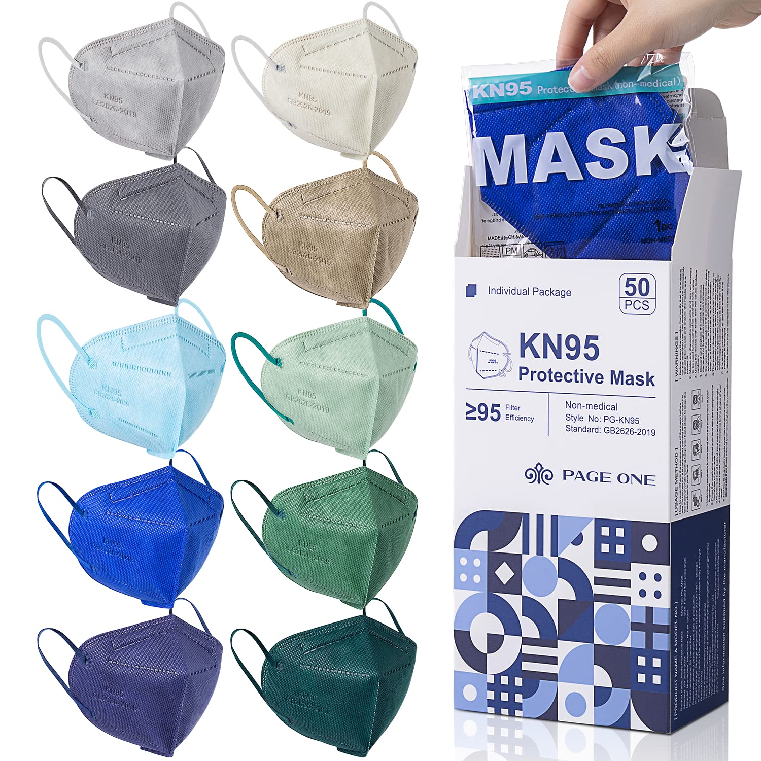 PAGE ONE KN95 Masks 50-Pack - Individually Wrapped for Adults | Home & Travel Use