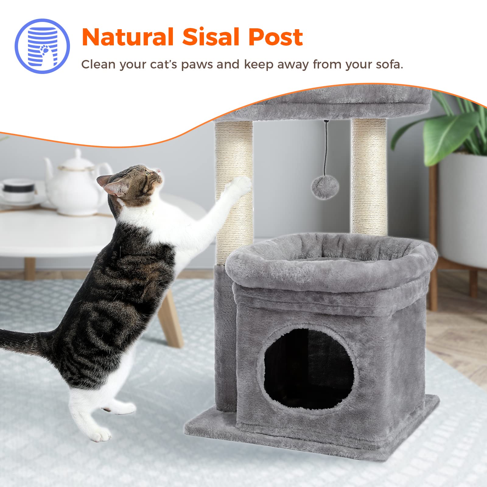 PAWZ Road Multi-Level Cat Tree with Sisal Scratching Post, Soft Cat Condo & Plush Pompom - Grey Indoor Cat Tower for Play, Rest & Climbing | Perfect for Small Spaces & Kitty Exercise