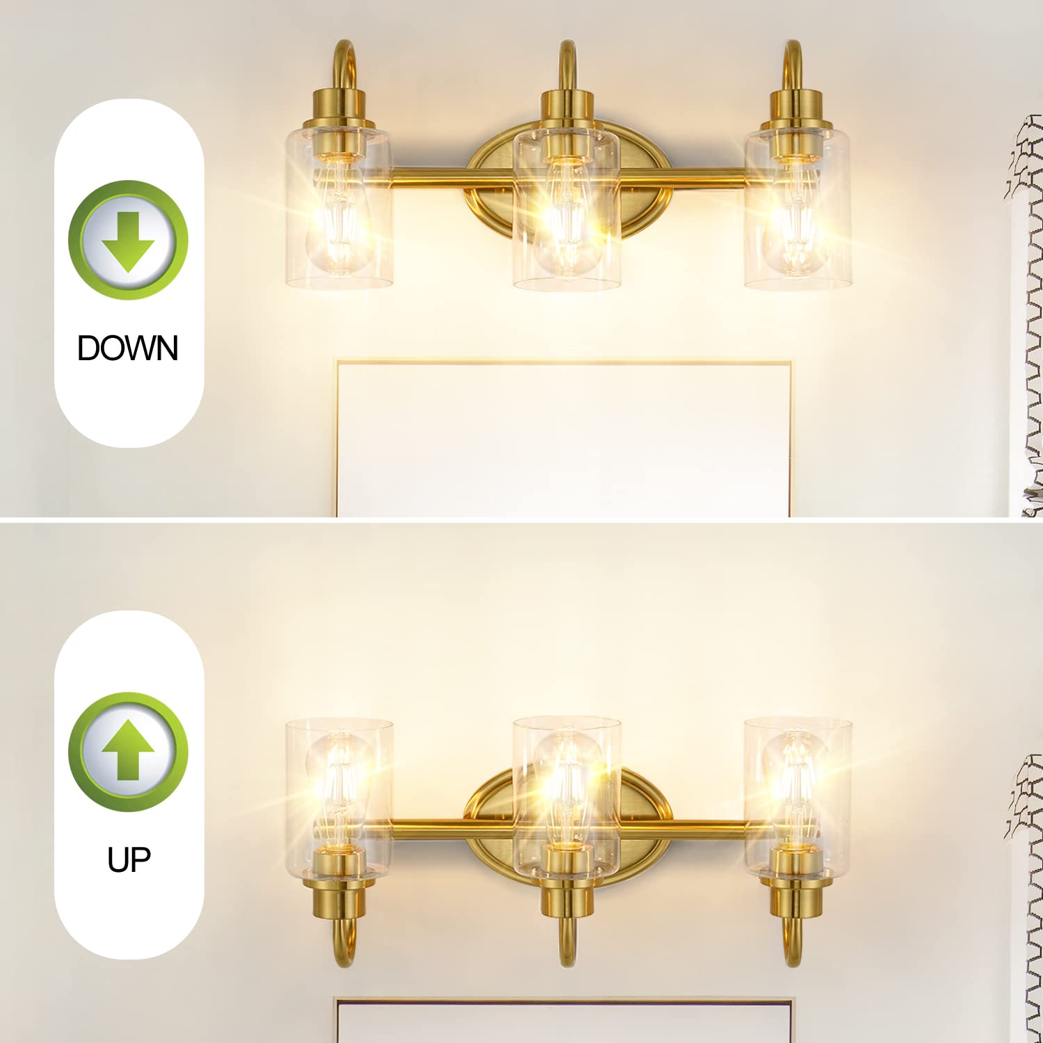 Modern 3-Light Brushed Brass Vanity Light Fixture with Clear Glass - Gold Bathroom Lighting for Mirrors & Vanities, Dimmable LED Compatible - Perfect for Bathroom, Powder Room & Kitchen Decor