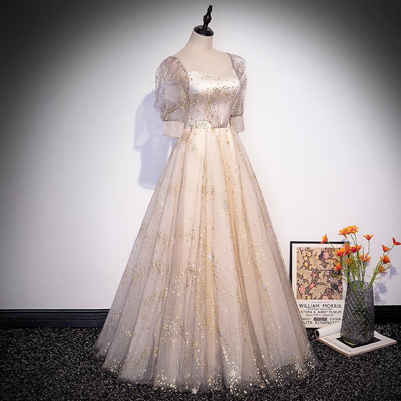 Elegant Champagne Mermaid Prom Dress with Shiny Tulle & Mid Sleeves - Perfect for Evening Gala, Homecoming Dance, and Formal Occasions