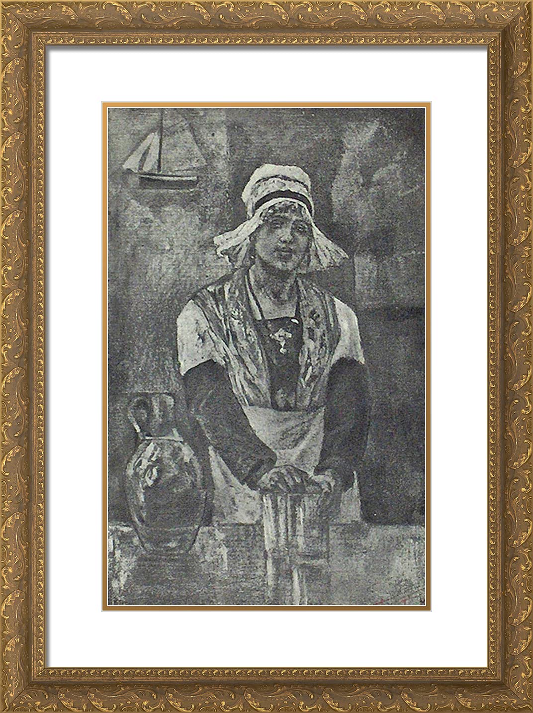 Felicien Rops 'The Girl in the Cantine for Pilots' 18x24 Gold Ornate Framed Art Print with Double Matting - Vintage Wall Decor for Living Room, Office & Gallery Display