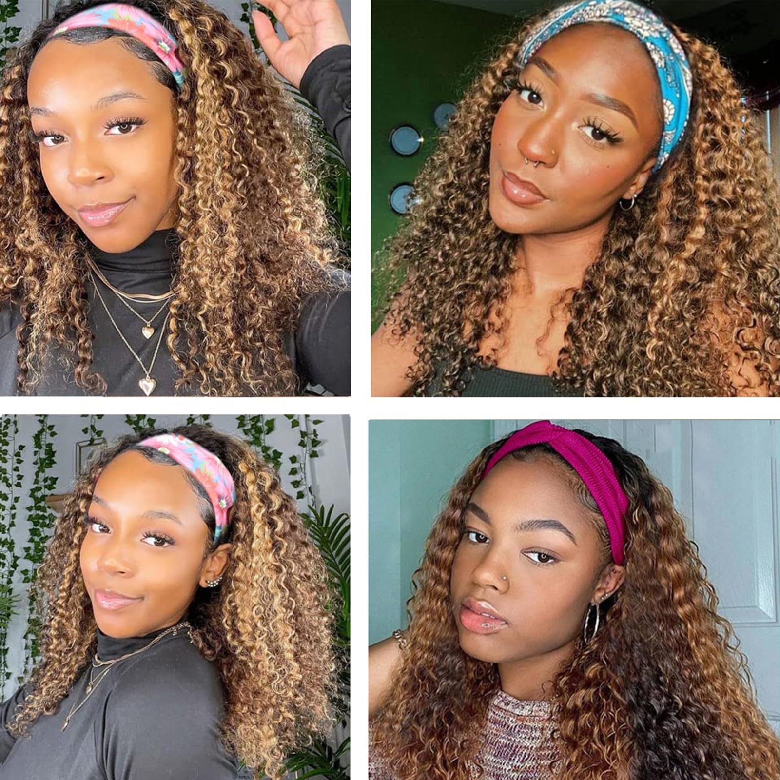 Ombre Highlight Headband Wig Human Hair #4/27 Colored Kinky Curly Glueless Lace-Free Wig for Black Women - Brazilian Virgin Hair 150% Density 26 Inch - Perfect for Daily Wear, Parties & Protective Styling