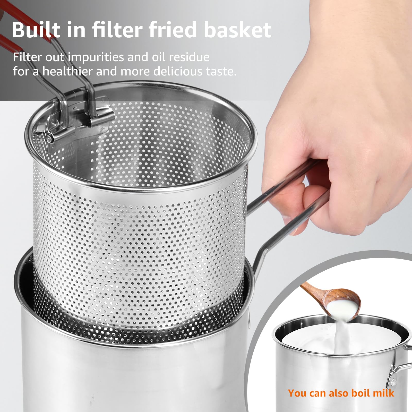 Mini Stainless Steel Deep Fryer Pot with Handle & Strainer Basket - Small Oil Fryer for Home Kitchen | Food Grade Deep Fryer with Lid | Perfect for Frying Fish, Shrimp, Chicken, French Fries | Portable Cooking Pot for Camping & Outdoor Use (3)